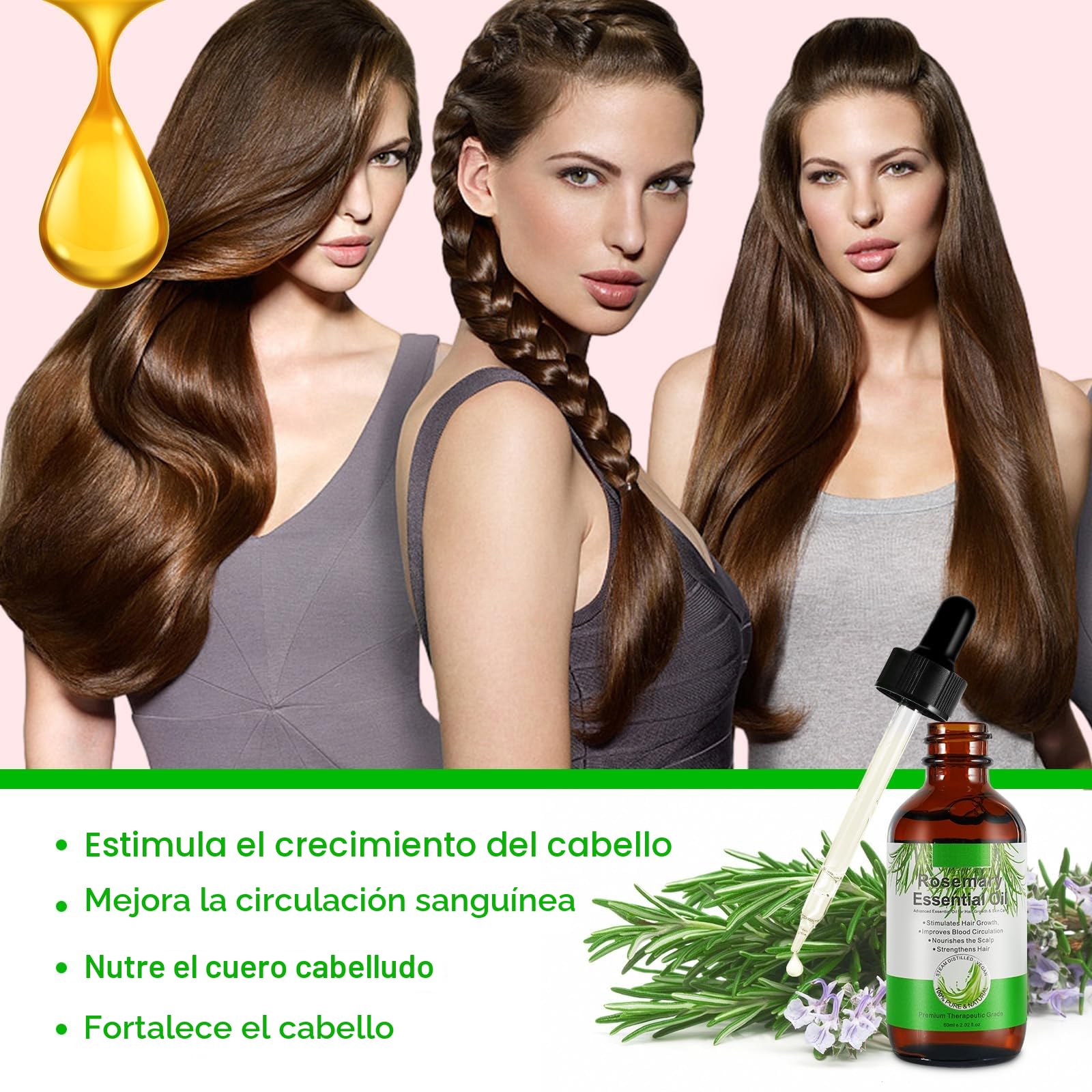 Aceite de Romero 100% puro para Crecimiento del Cabello 60ml con Masajeador de Cuero Cabelludo