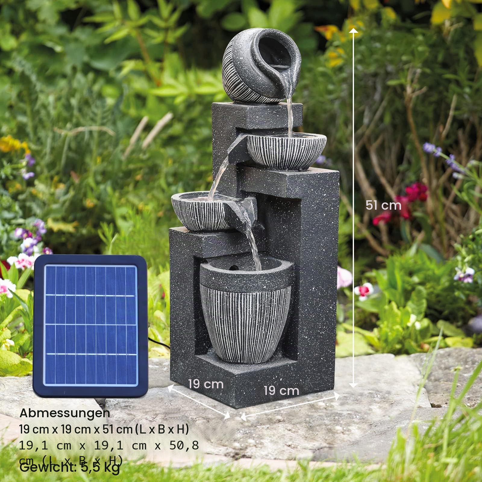BTGGG Solarbrunnen für Draussen,4-Stufiger Kaskaden Solar Springbrunnen Gartenbrunnen mit LED-Licht für Außen Solar Wasserspiel Wasserfall Brunnen für Garten,Balkon,Terrasse,19x19x51cm