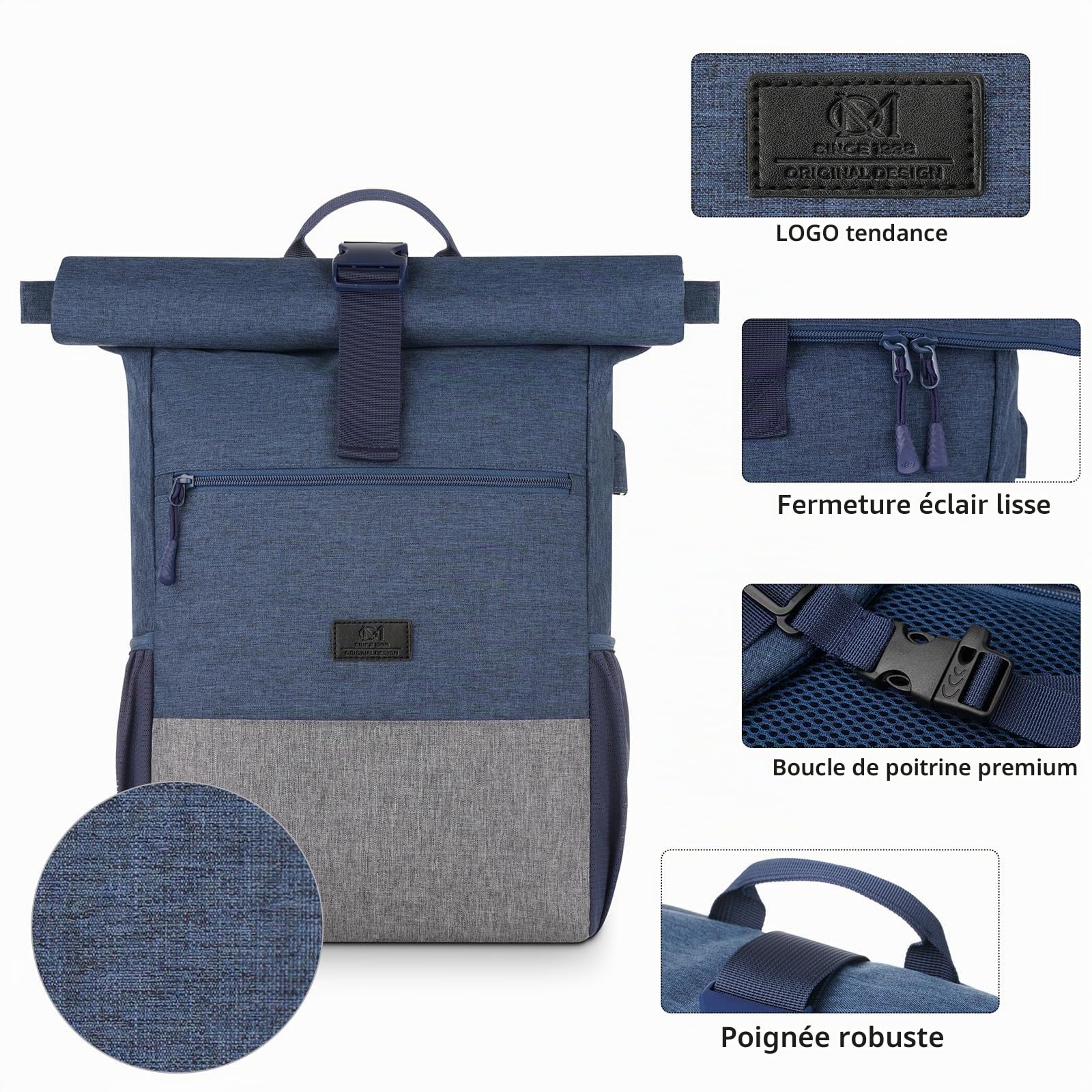 Rolltop Sac à dos pour ordinateur portable 17,3" pour homme, pour université, affaires, vélo, voyage, école, adolescent, bleu gris
