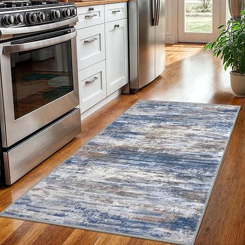 Miniatura 3 de KOZYFLY  Alfombra moderna abstracta de 3 x 5 pies, color azul y óxido, lavable, antideslizante, resistente a las manchas y de pelo corto, ideal para