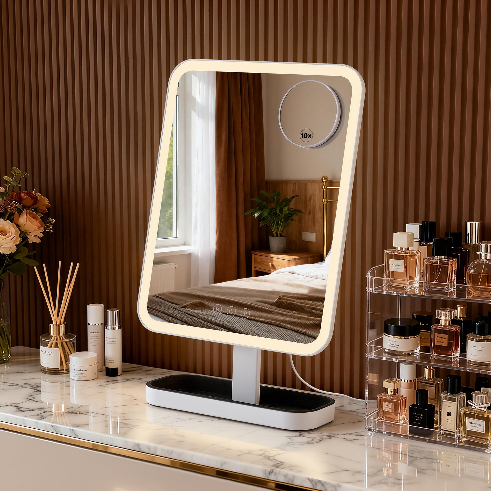 hollywood vanity mirror with lights: 15"x12" large lighted makeup mirror, smart touch with 3-color lighting, dimmable, 30° rotation led light up mirrors with storage - plug in, white
