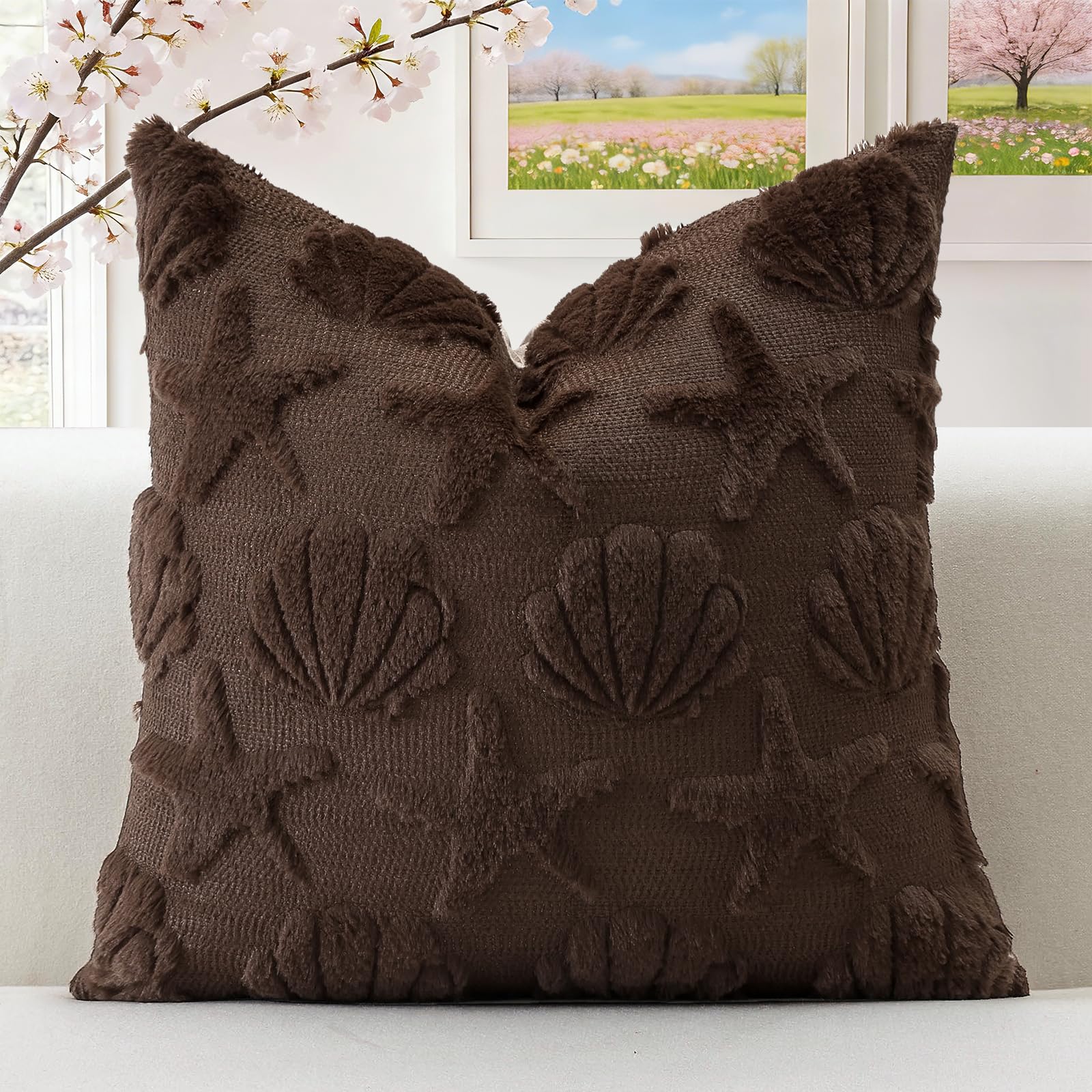 Artscope Shell Starfish Cushion Cover Set of 1 Beach Seaside Throw Pillow Cover for Sofa Square Spring Summer Soft Plush Short Wool Velvet Pillowcase Holiday Decor Chocolate Brown, 50x50cm โ image 1