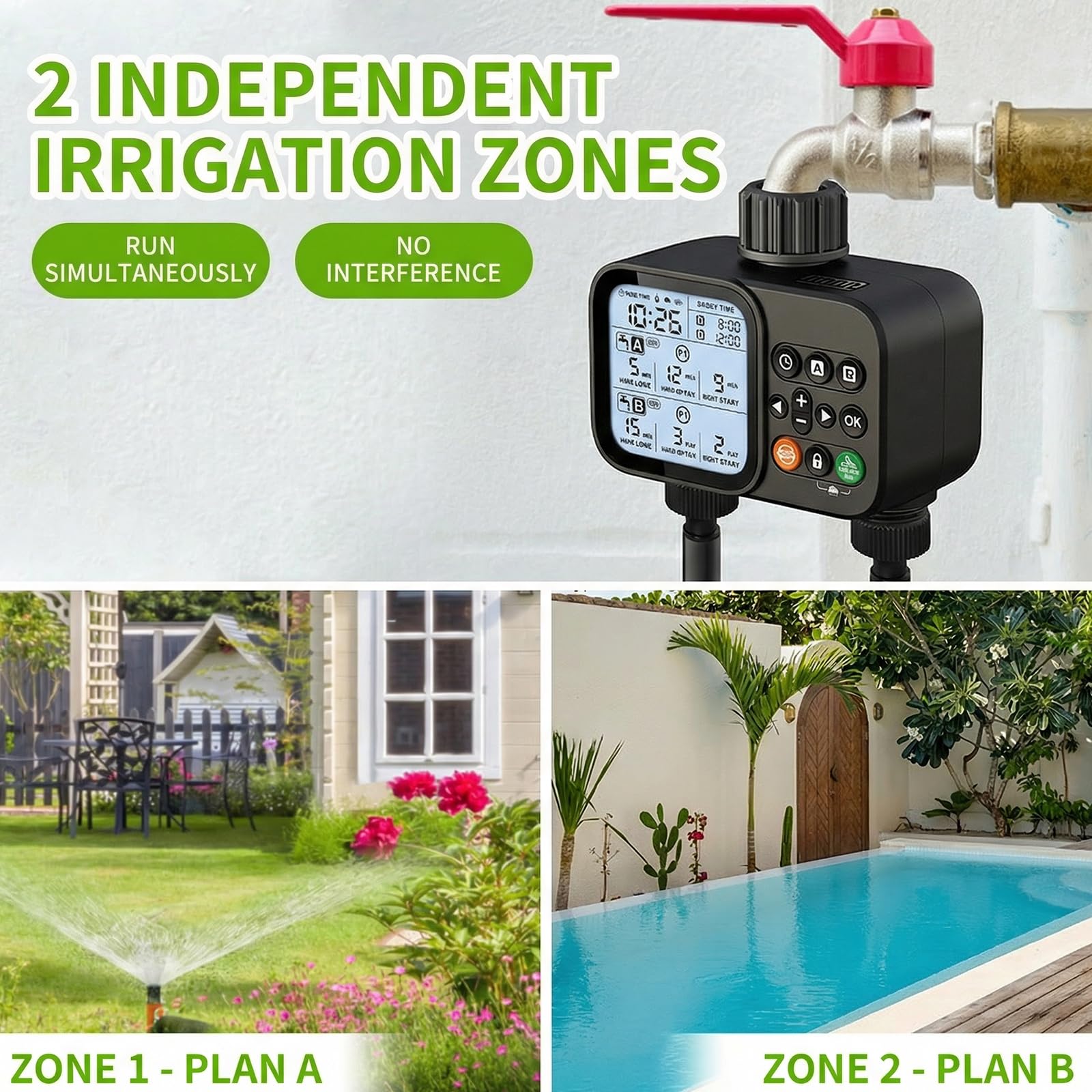 Programmateur Arrosage Étanche IP54 2 Sorties, Minuteur Arrosage Automatique avec Retard de Pluie et Grand Écran LCD
