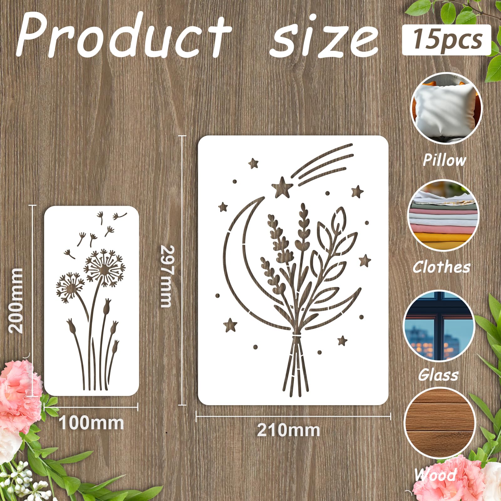 beinkmake 15Pcs Flower Bouquet Stencil PET Painting Templates Moon Inlay Border Stencils for Furniture Reusable DIY Craft for Wall Wood Fabric Canvas Paper Decor 11.7inch - Image 2