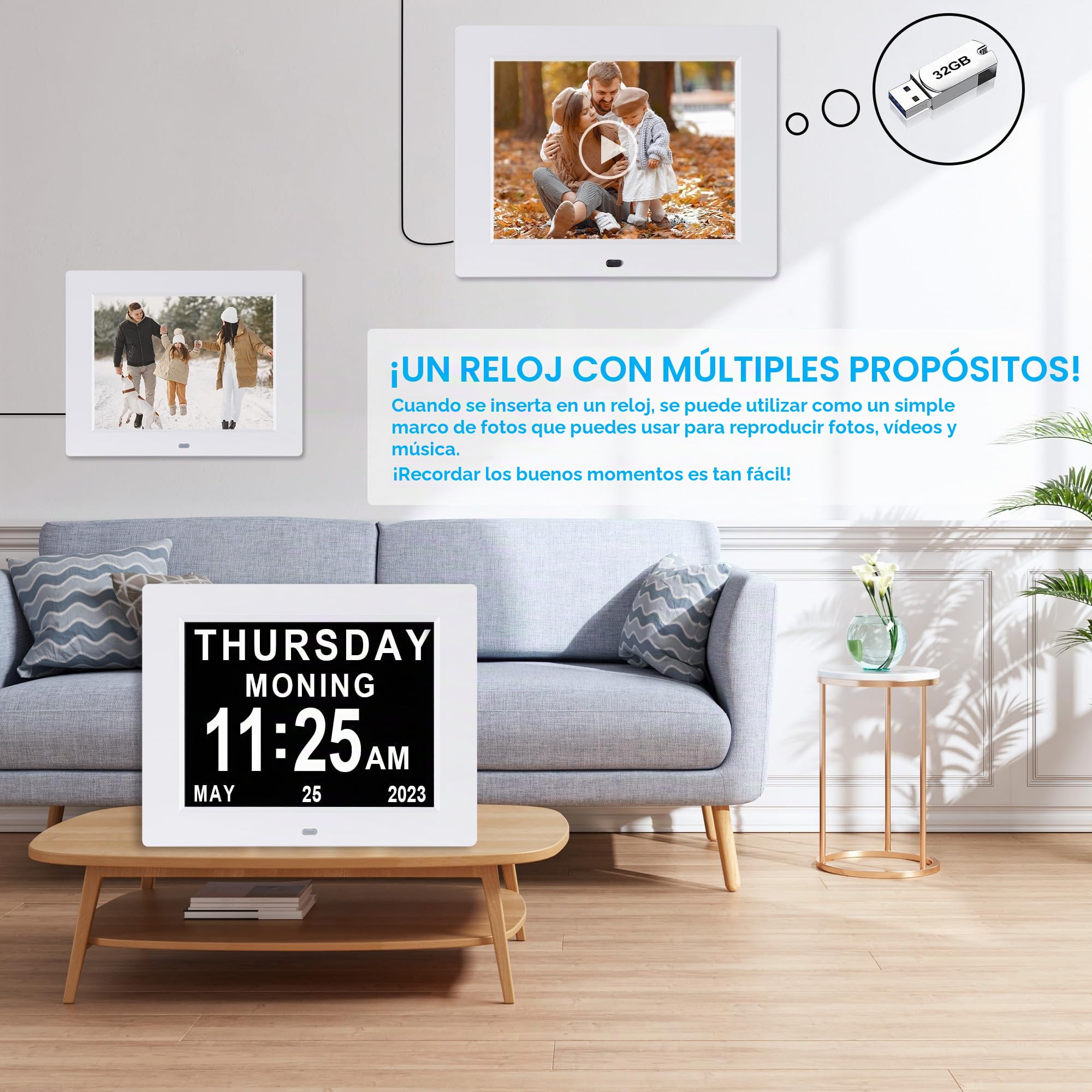 Reloj de día con calendario digital para personas mayores, personas mayores, Alzheimer (8 pulgadas blanco)