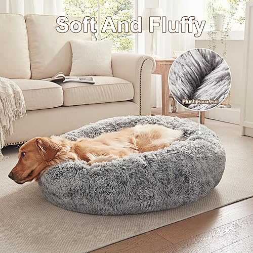 Miniatura 4 de Cama redonda con forma de dona de 36 pulgadas para perros grandes, cama redonda calmante y esponjosa para mascotas con funda extraíble y lavable, se