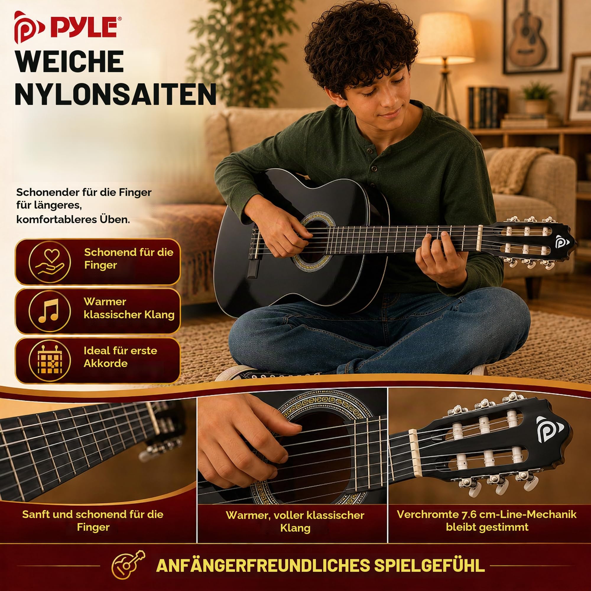 Pyle Konzertgitarre, Rechtshändig, 1/2 Größe, Schwarz
