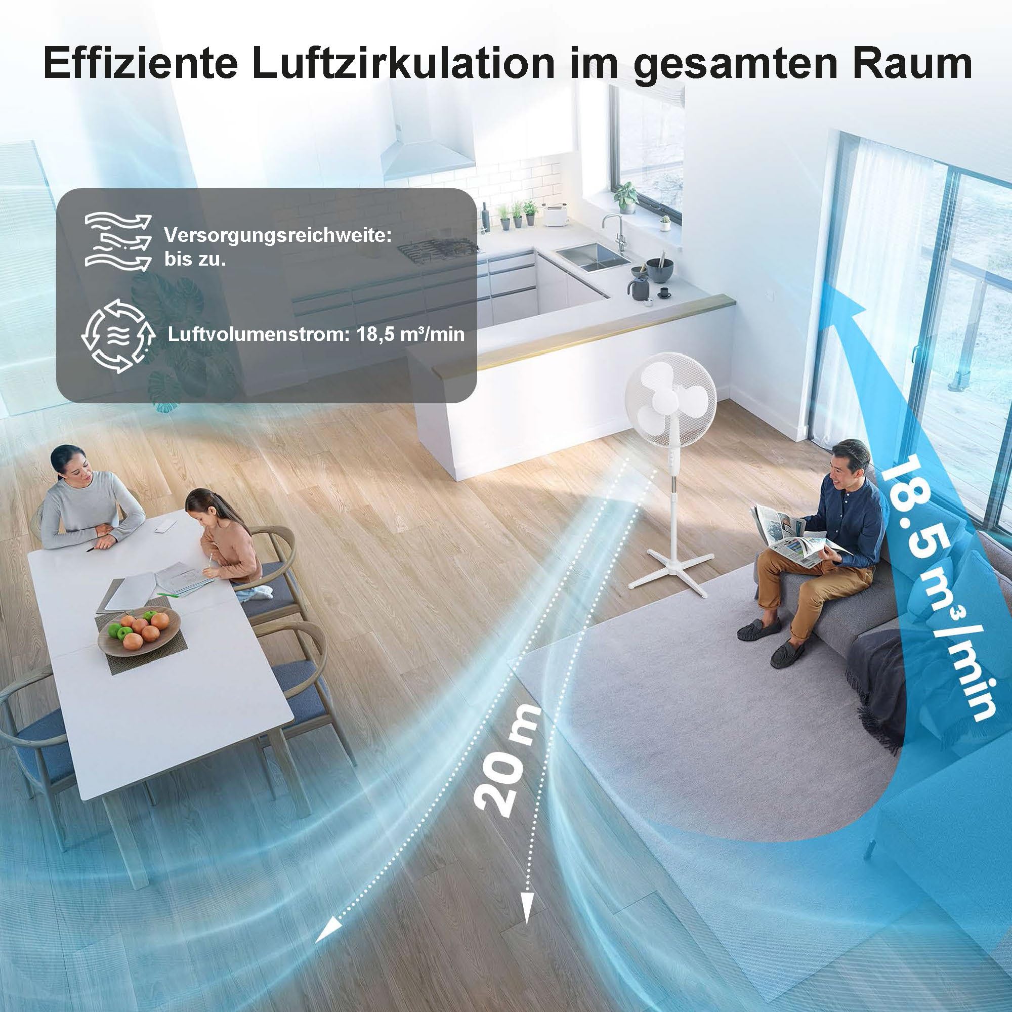 EXTRALINK Standventilator 40 cm – Leiser Bodenventilator 3 Geschwindigkeiten, Oszillation, Neigungsverstellung & 3 Rotorblättern – Kompakter Ventilator für Schlafzimmer, Büro & Zuhause – 45W Weiß