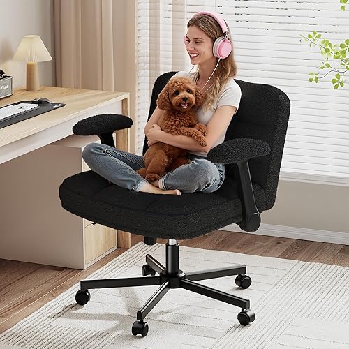 Silla Criss Cross con Ruedas, Silla de Oficina con Patas Cruzadas con Reposabrazos Abatibles, Silla de Escritorio Ancha para Dormitorio, Oficina en