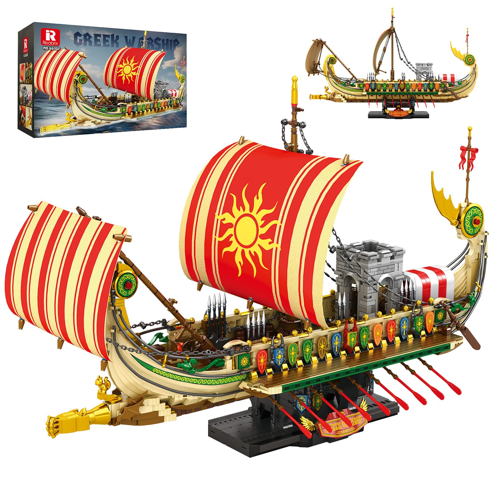 Reobrix Battleship Military Model Kit for Adults 66102, Large Ancient Greek Warship Bismarck Clamping Blocks Building Set, Compatible with Major Brands, Sailing Fans for 14+ Boys (2896 PCS)
