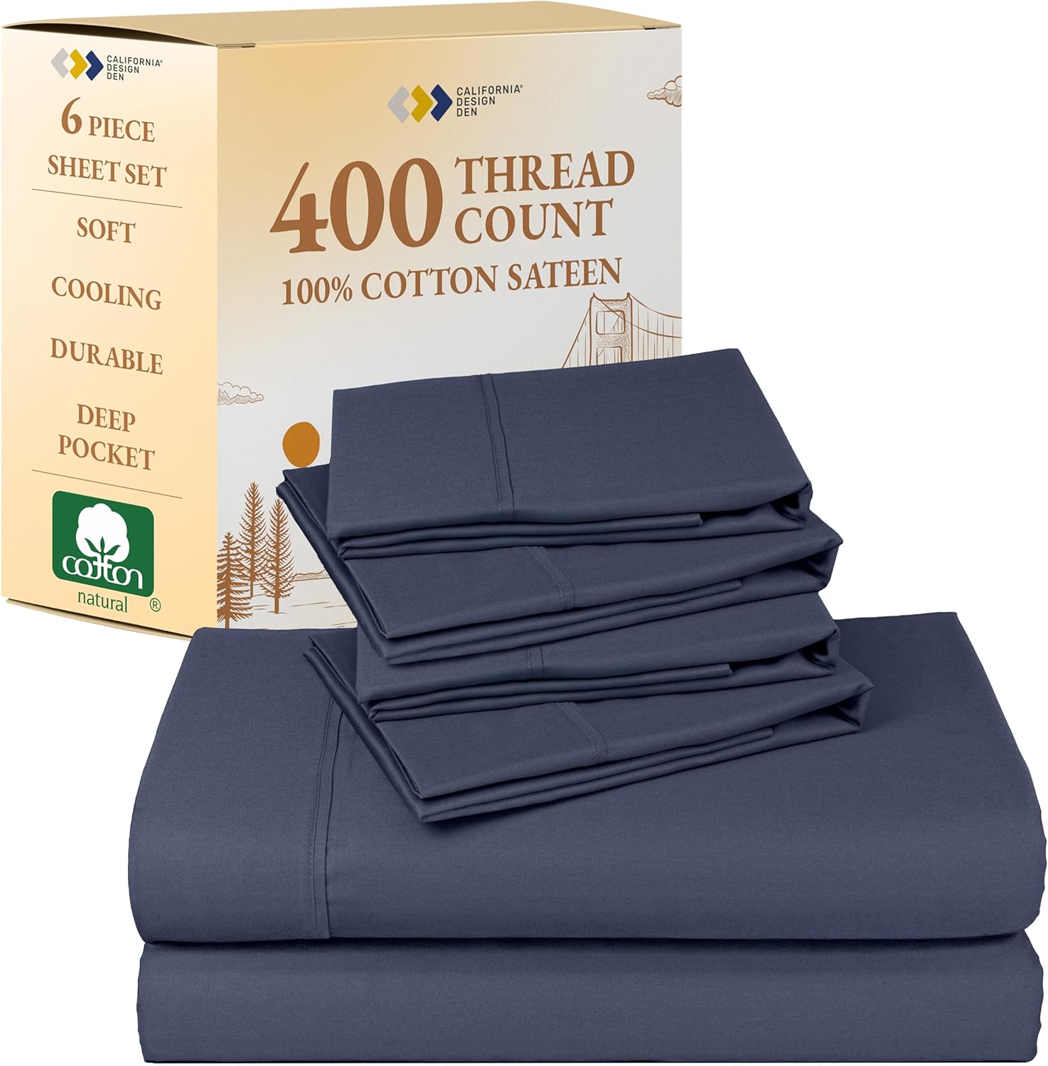California Design Den 6-Pc Queen Size Sheet Set with 4 Pillowcases - 400 Thread Count 100% Cotton Sheets, Cooling Sateen Weave, Luxury Deep Pocket Bedsheets Set - Indigo Dusty Blue