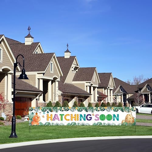 Miniatura 7 de INNORU Cartel de fondo grande de Hatching Soon, cartel de bienvenida para fiesta de dinosaurio de bebé, cartel de jardín de dinosaurio de primer