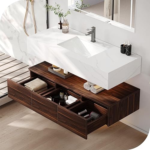 Miniatura 3 de DWVO Armario flotante de 48 pulgadas para baño montado en la pared, juego integrado con encimera de piedra sinterizada, lavabo de cerámica y 3