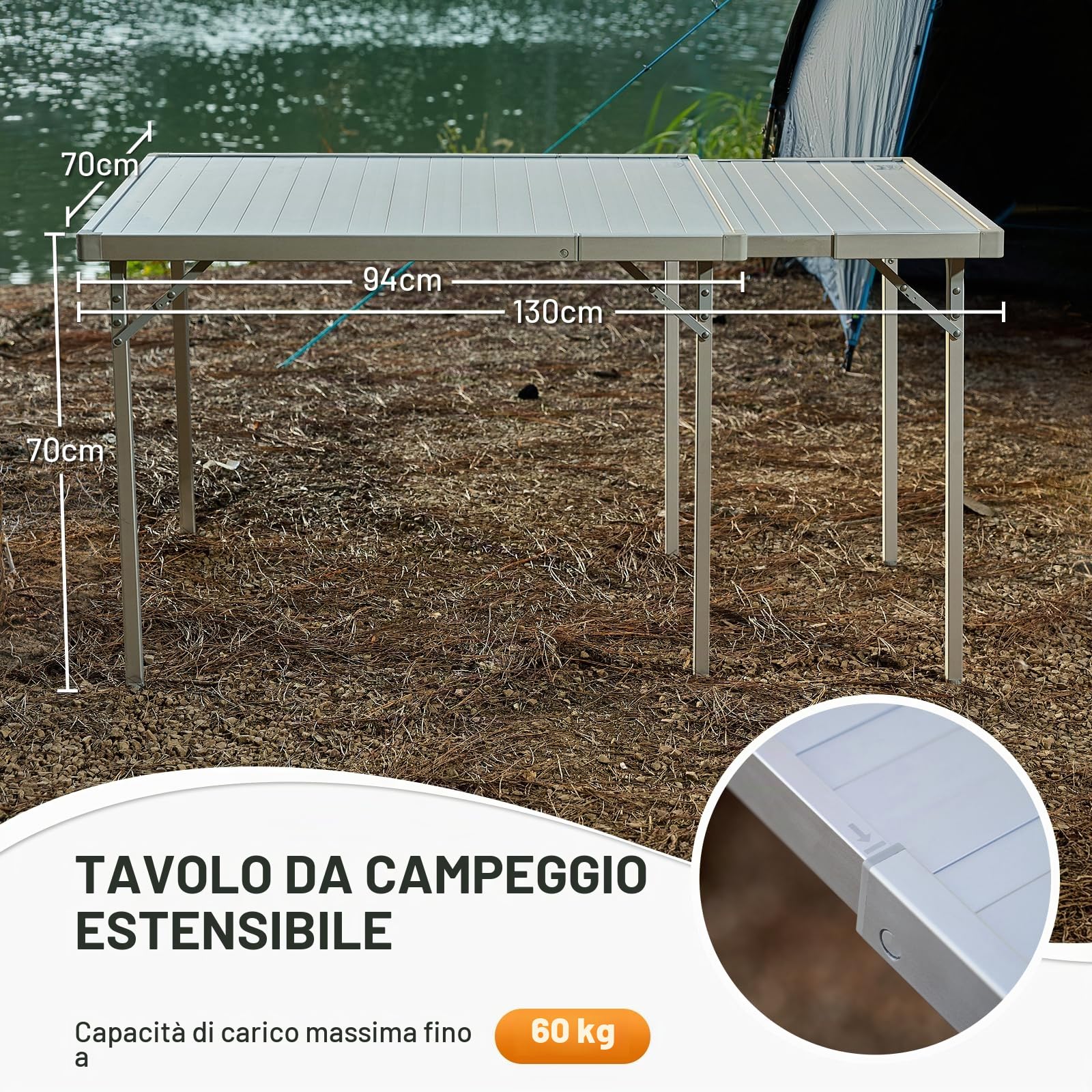 TIMBER RIDGE Tavolo da campeggio pieghevole 94/129 x 70 cm tavolo da giardino allungabile per 4-6 persone tavolo in alluminio regolabile in altezza con borsa da trasporto per picnic e outdoor