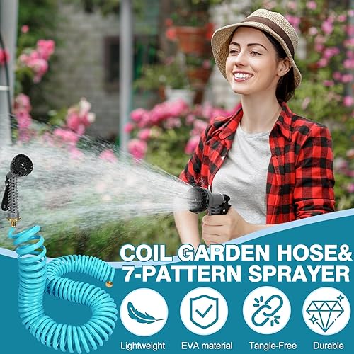 Miniatura 5 de Manguera de jardín ligera en espiral de 75 pies y 38 pulgadas, EVA, flexible, con 7 boquillas de función y conectores de latón para plantas de riego