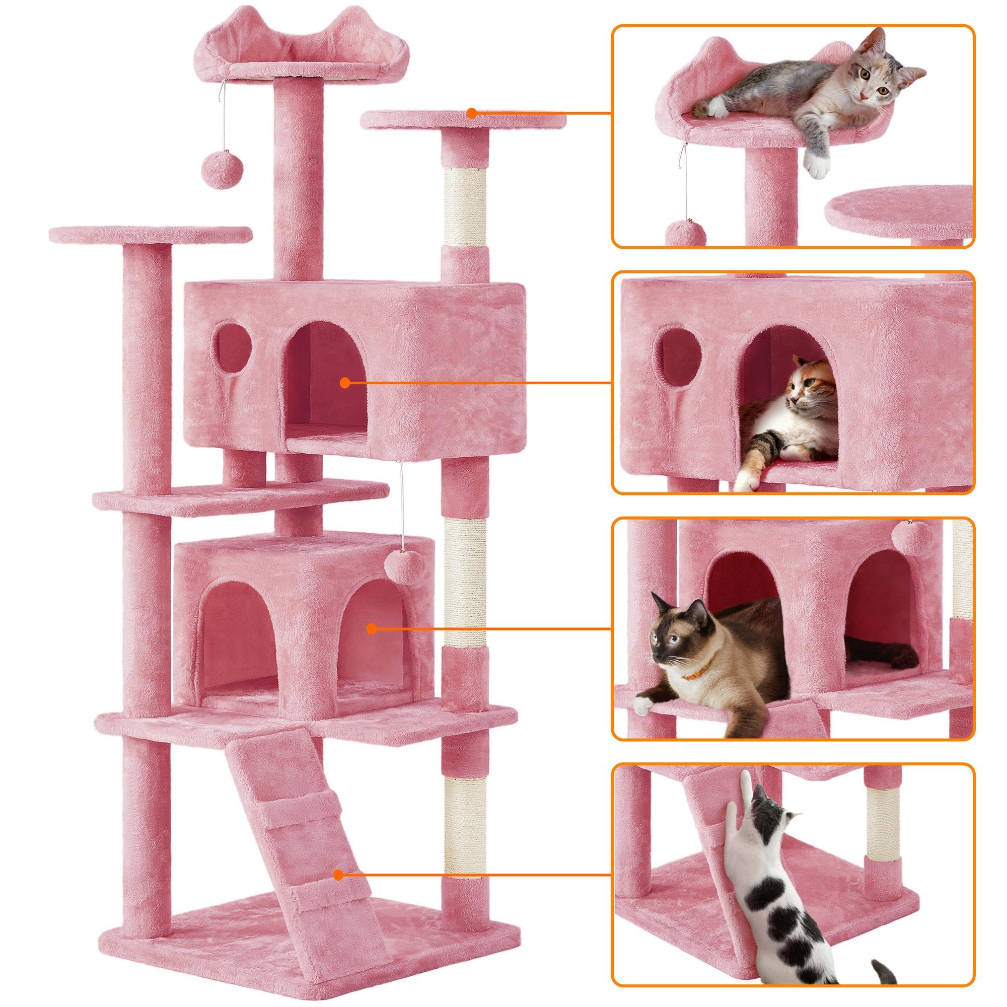 Yaheetech Árbol rascador Grande, 178 cm de Alto, árbol rascador para Gatos, Estable con 3 Plataformas, 3 columnas para rascar, 2 Cuevas, Bolas de Peluche, Muebles para Gatos, Color Rosa