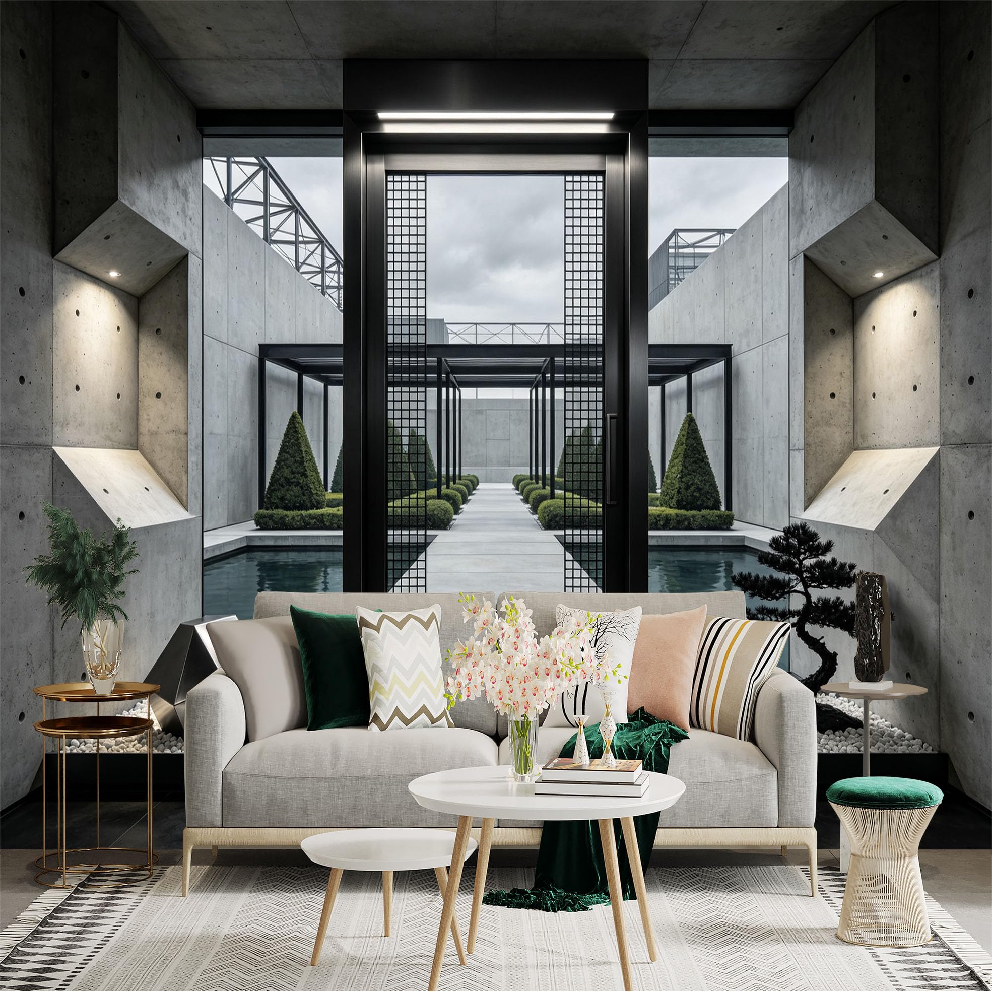 Custom Size Wall Sticker Mural， Modern Concrete Courtyard with Reflecting Pool and Minimalist Zen Architecture， for wall Decoration， peelandstick wall Decals.