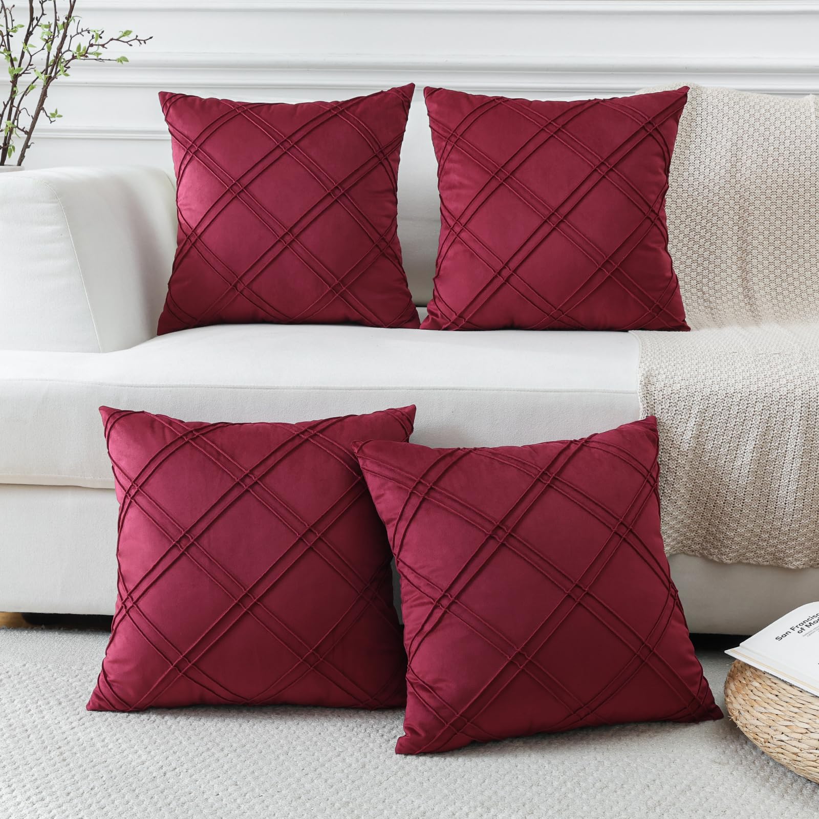 Sungeek Set of 4 Soft Velvet Decorative Cushion Covers Diamond Pattern Pillow Covers with Invisible Zipper Square Throw Pillow Cases for Sofa Car Patio Bedroom Living Room (40x40 cm, Burgundy) — image 1