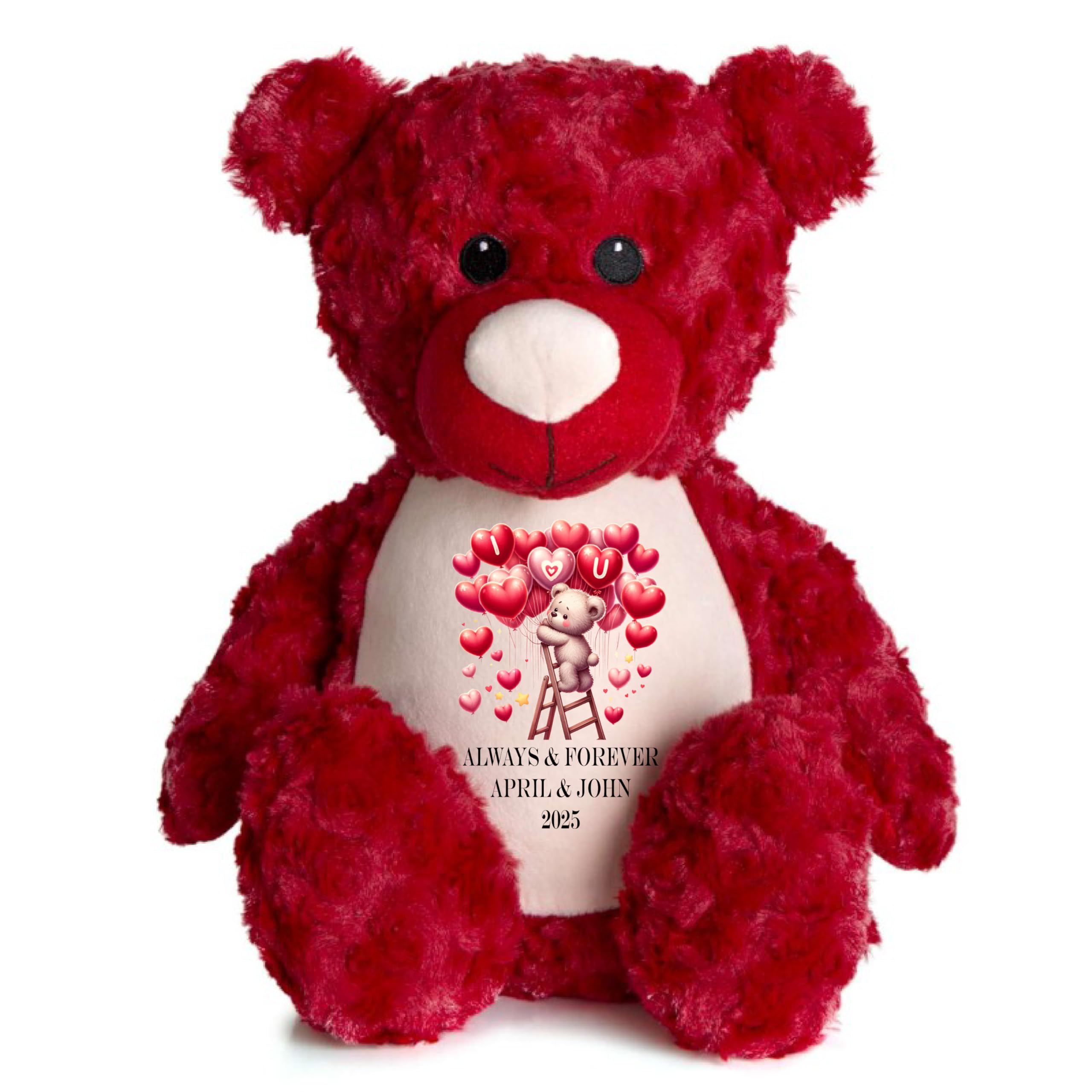 Crafted Memories - Personalised Red Teddy Bear with Custom Name And Date - Personalised Stuffed Animal with Love You Balloons Design 40cm Tall, Romantic Gift Plush for Couples