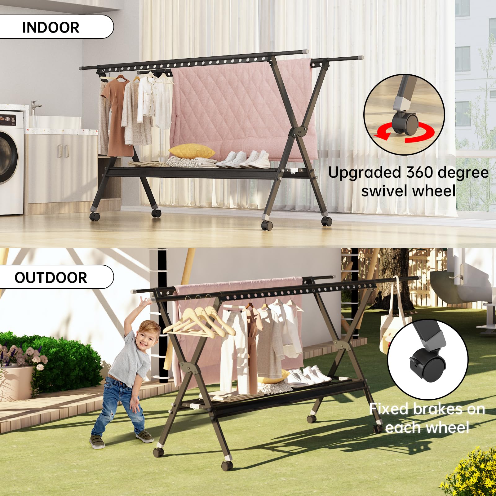 AWQM Clothes Drying Rack with Wheels?Clothing Folding Aluminum Alloy Laundry Drying Racks, Foldable Portable Indoor Outdoor Garment Rack with 48 Windproof Hooks?Black?