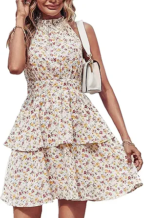 PRETTYGARDEN Women's Summer Boho Floral Sundress Sleeveless Halter Neck Elastic Waist Tiered Ruffle Mini Swing Dress