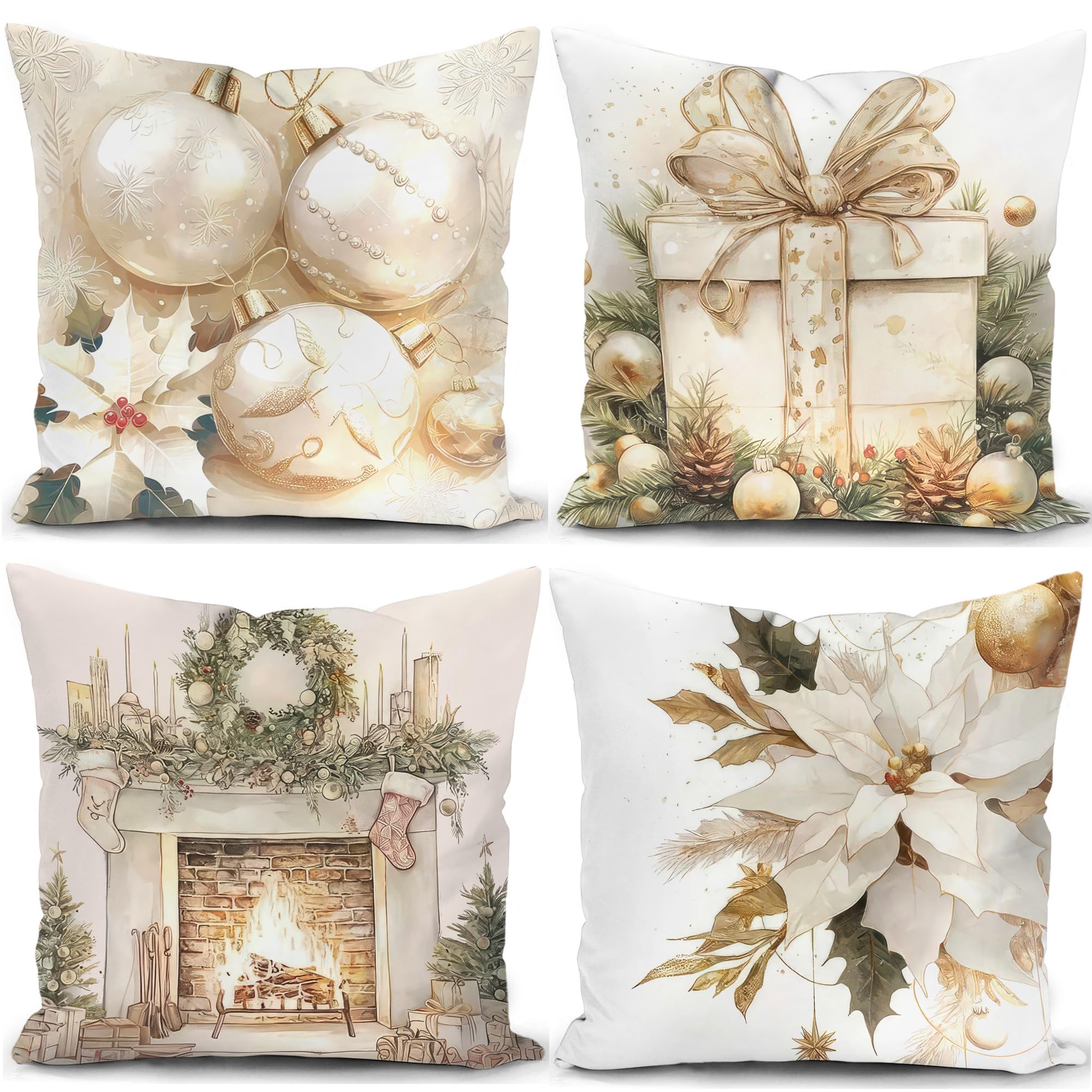 Kunqian Gold Christmas Cushion Covers Xmas Decorations Throw Pillow Cover Set Of 4 Christmas Decor For Sofa Living Room Home 18X18 Inch 45X45cm
