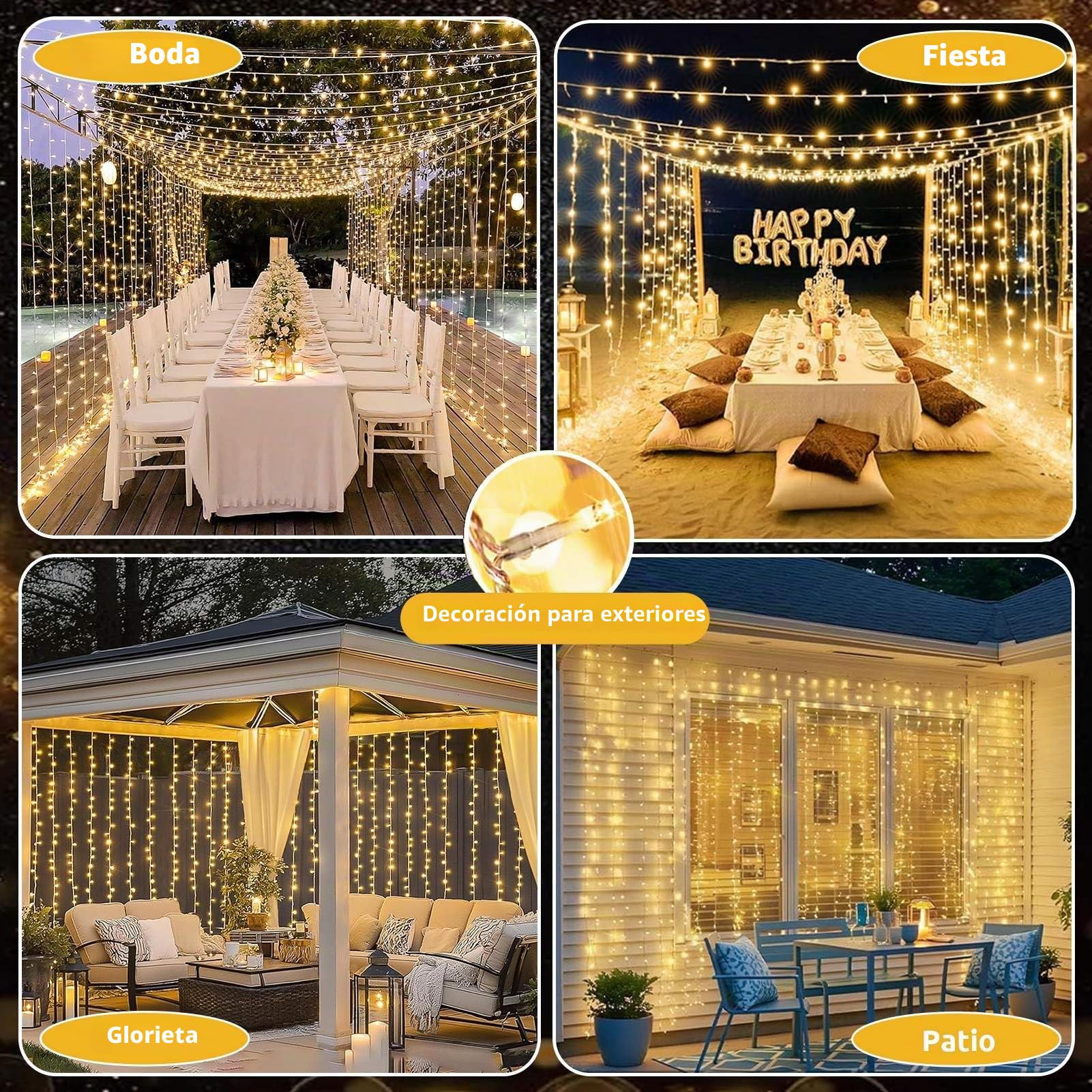 Joycome Cortina de Luces, 6x3m 600 LED Cascada Luces con Enchufe, 8 Modos Decoración Boda Impermeable Cortina de Luz para Balcon Jardín Fiesta Pared Techo Habitacion Interior Exterior - Blanco Cálido