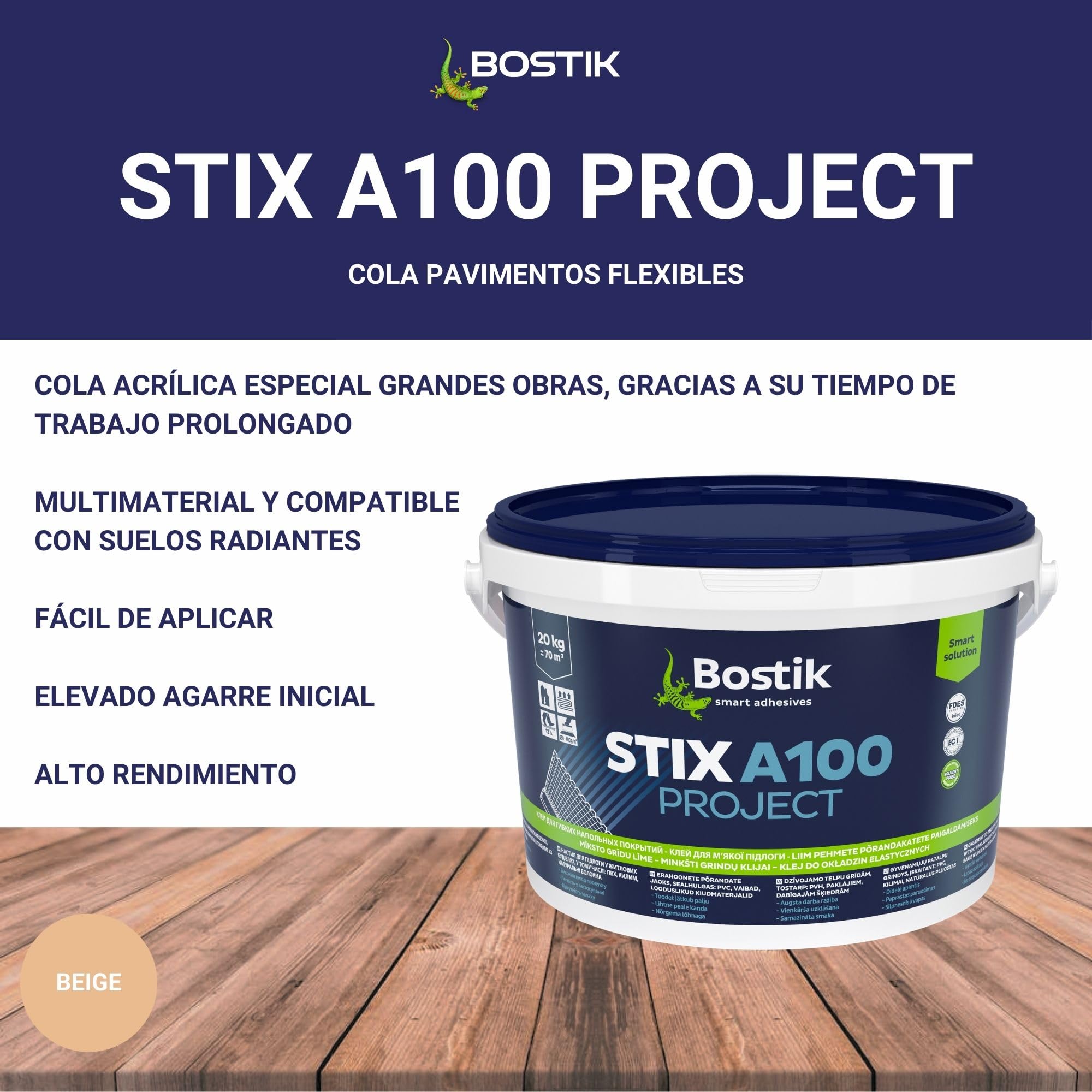 Bostik STIX A100 PROJECT Beige, Cola Acrílica Especial Pavimentos, Fácil de Aplicar, Multimaterial, Elevado Agarre Inicial, Alto Rendimiento, Homologado, Interior, Bote 20 kg