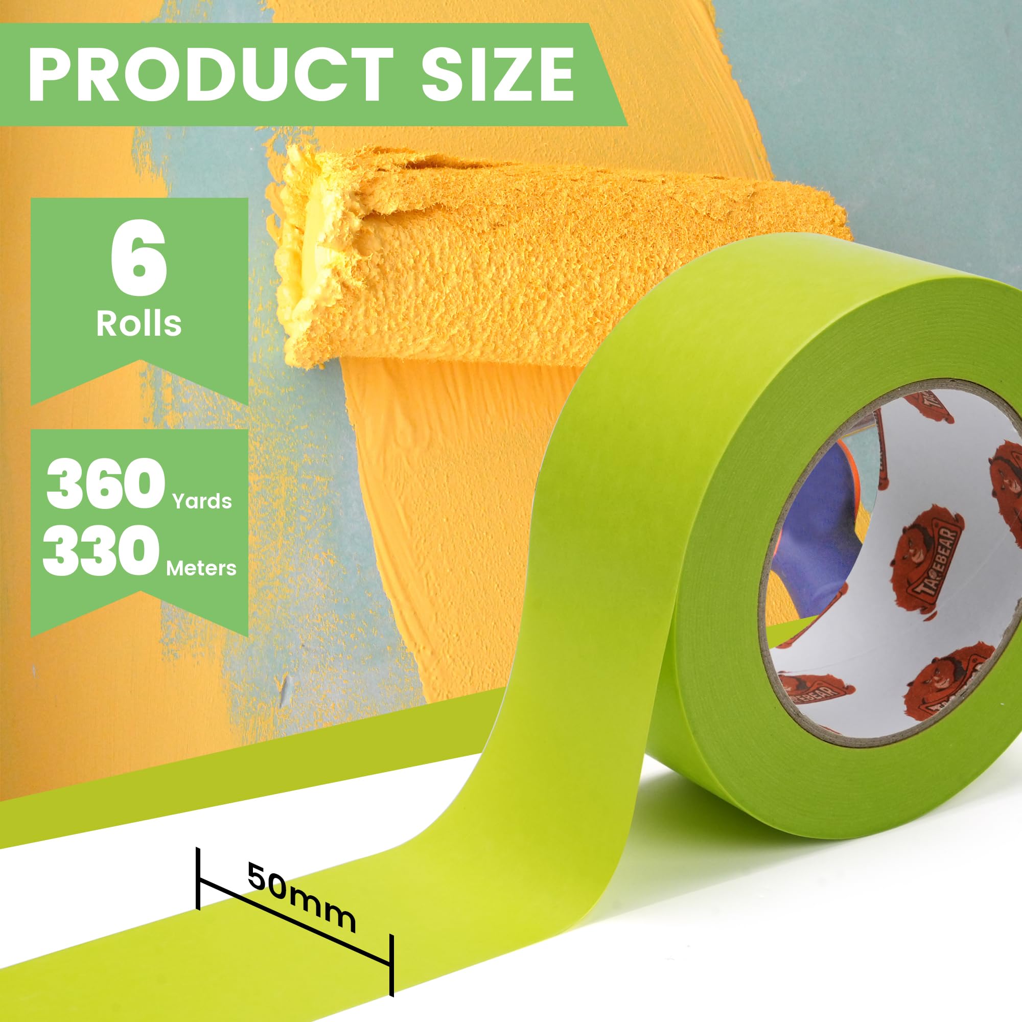 TAPEBEAR Zielona taśma malarska 50 mm x 55 m, 6 rolek 21 dni, możliwość usunięcia bez pozostawiania śladów, taśma malarska, średnia przyczepność do wewnątrz i na zewnątrz, do malowania ścian i