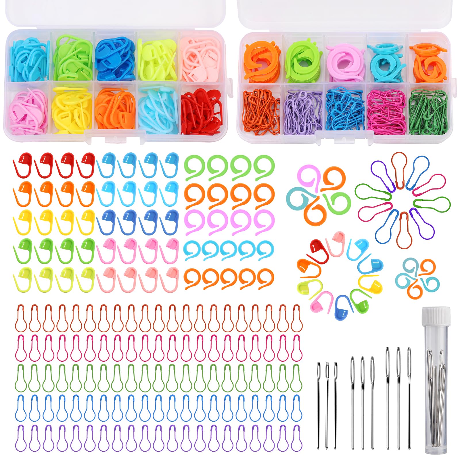 Marcadores de punto de ganchillo, marcadores de punto de colores con agujas romas de ojo grande, 326 marcadores de punto para tejer con caja de almacenamiento, pines de bombilla de seguridad y anillos