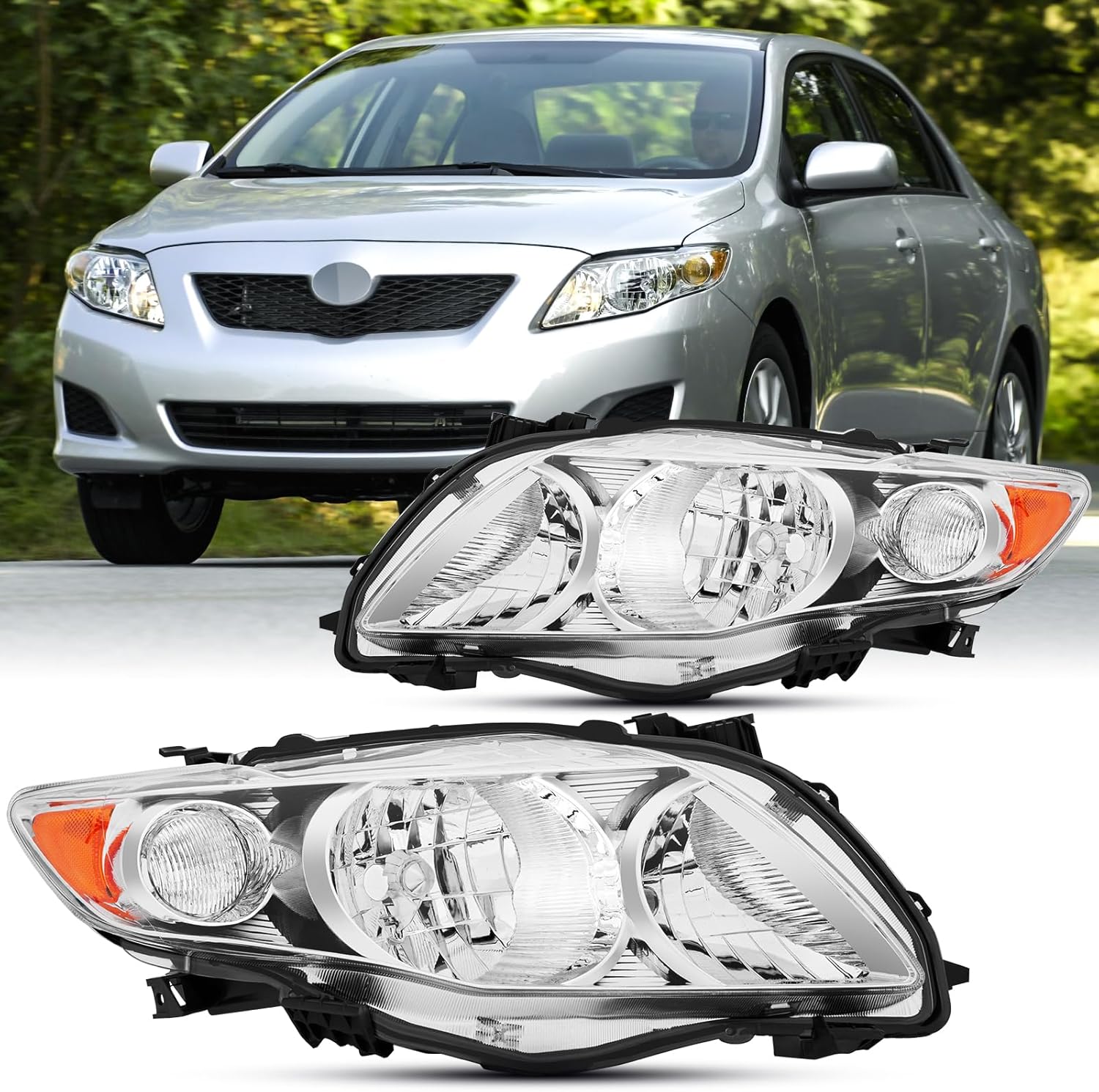 2PCS Headlights Assembly Dot Approved For 2009 2010 Toyota Corolla Pre-facelift Base CE XLE LE Replacement Headlamps Driver and Passenger Side Chrome Housing Amber Reflector