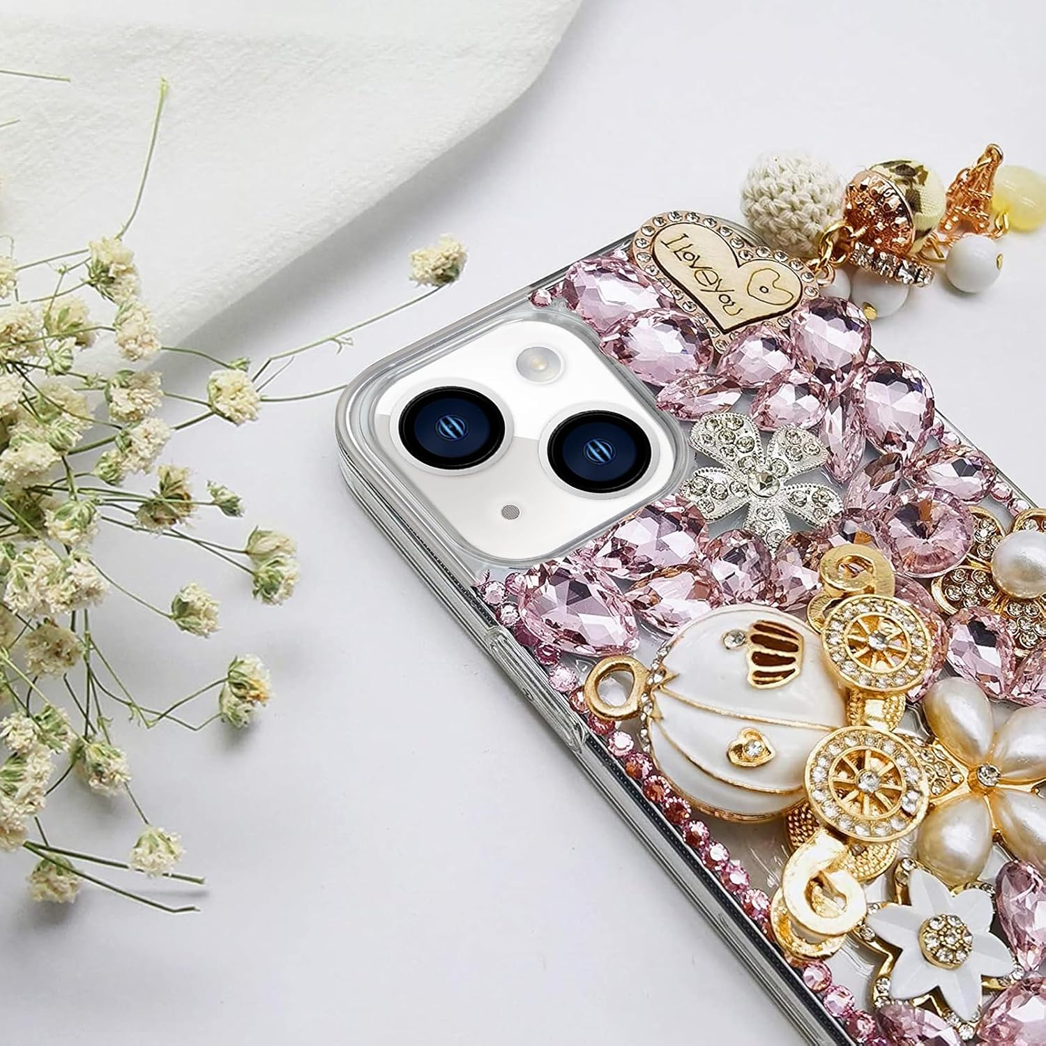 Guppy for iPhone 14 Bling Glitter Case,Luxury Diamond Rhinestone Gemstone 3D and Flower Gemstone Pumpkin Car Tower Pendant Pearl Soft TPU Back Cover Case for Women Pink - Image 3