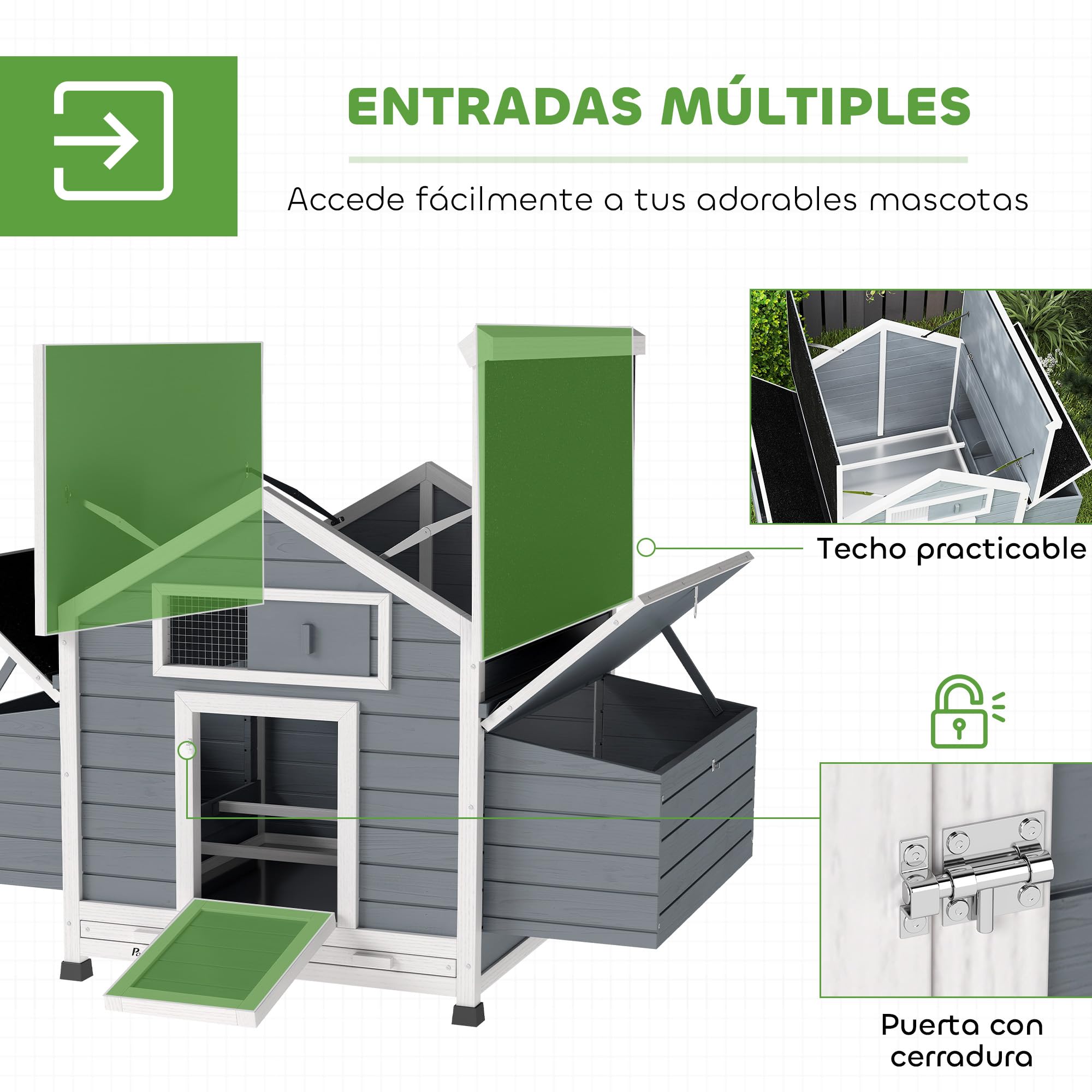 PawHut Gallinero de Madera para Exterior, 2 Nidos, Bandeja Extraíble, Perchas, Techo Impermeable, 150x100x96,5 cm, Gris