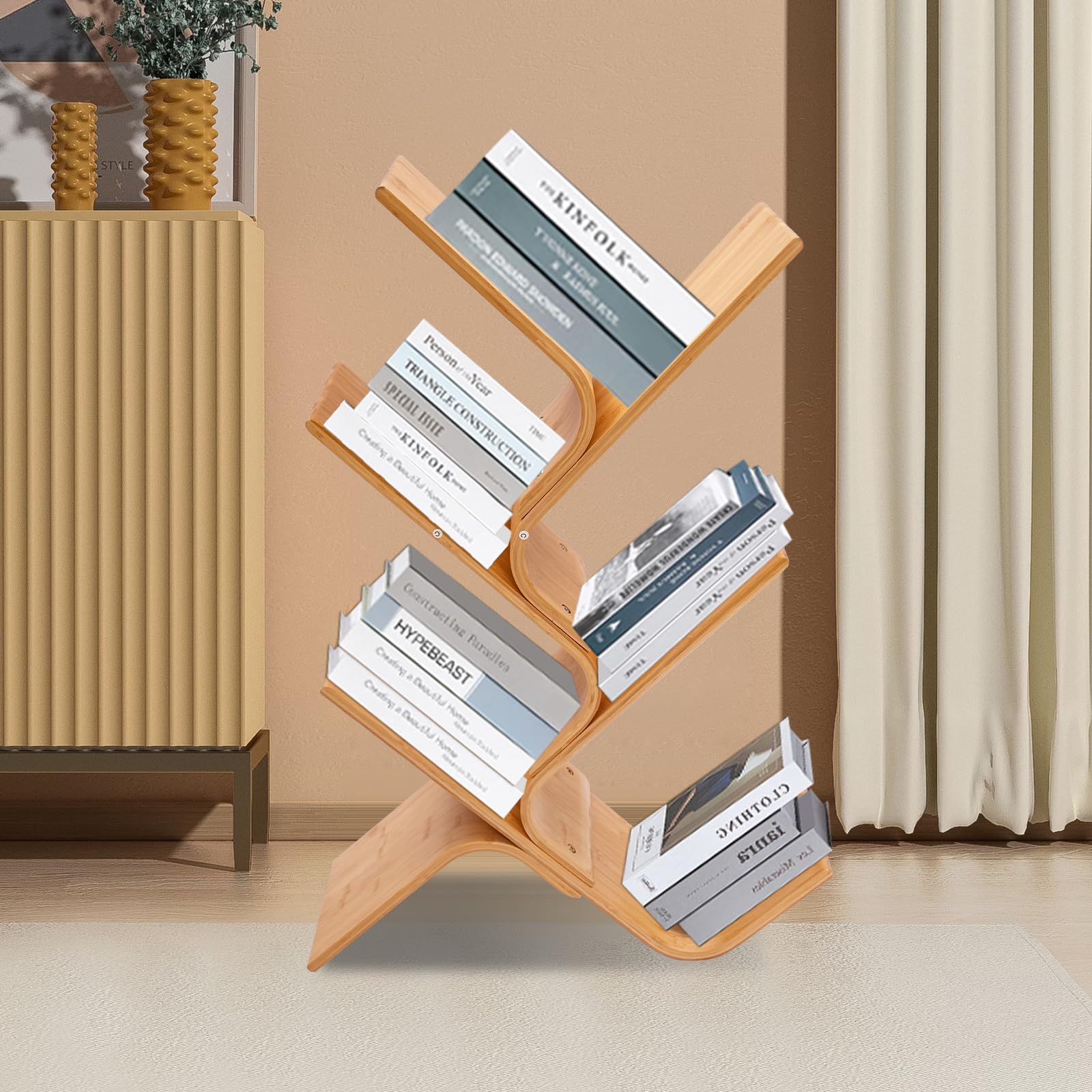 Librería de bambú de 5 niveles para el suelo, estantería moderna de pie, estantería curvada creativa, estantería de árbol curvada de bambú curvado para el hogar, salón, esquina, dormitorio