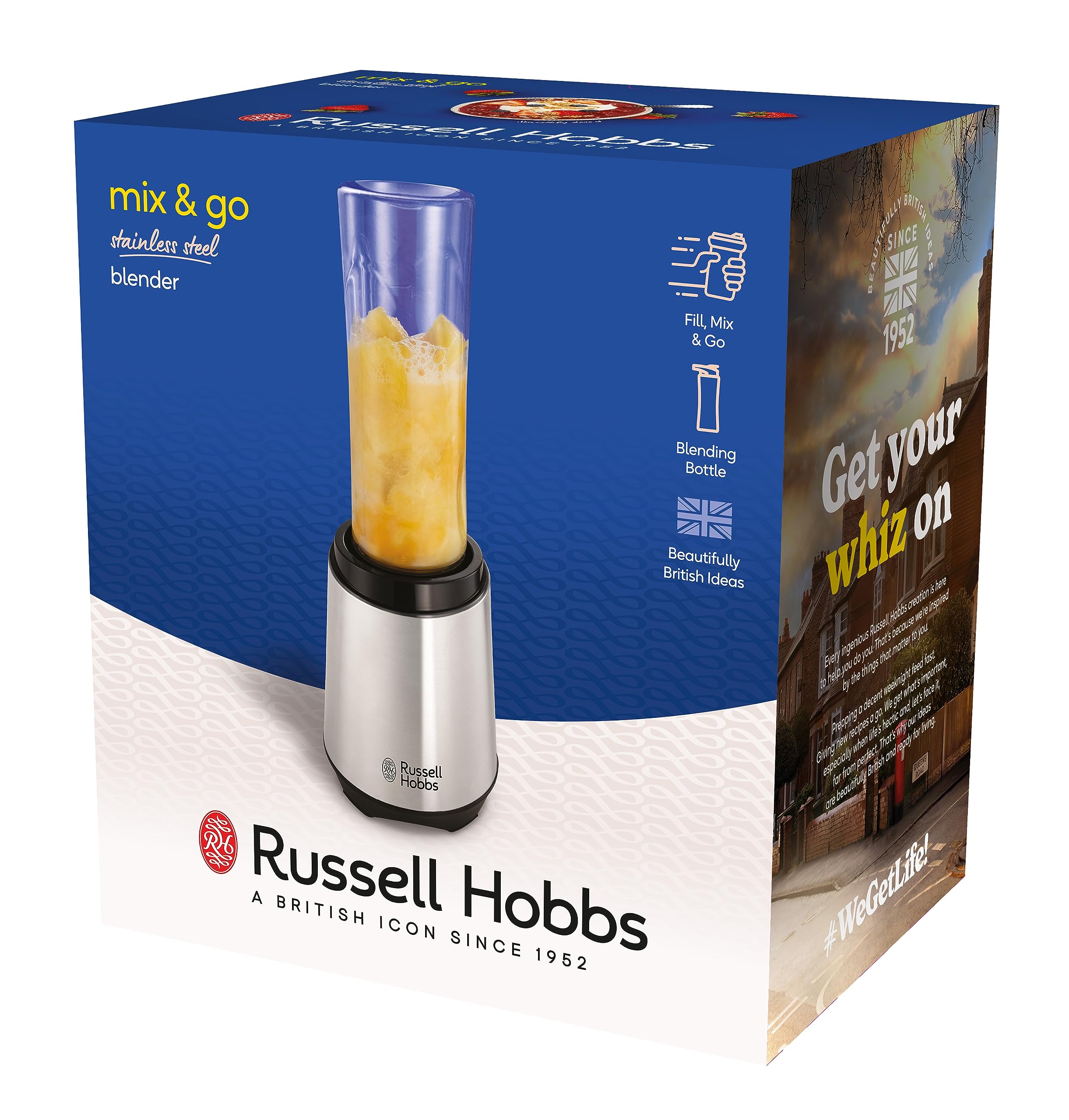 Russell Hobbs Blender [Portable, Compact, Léger] Mixeur (Puissant, 1 gourde portable 600ml + couvercle inclus sans BPA, Smoothie, Shaker protéine, lames en acier inox, lave-vaisselle) 23472-56