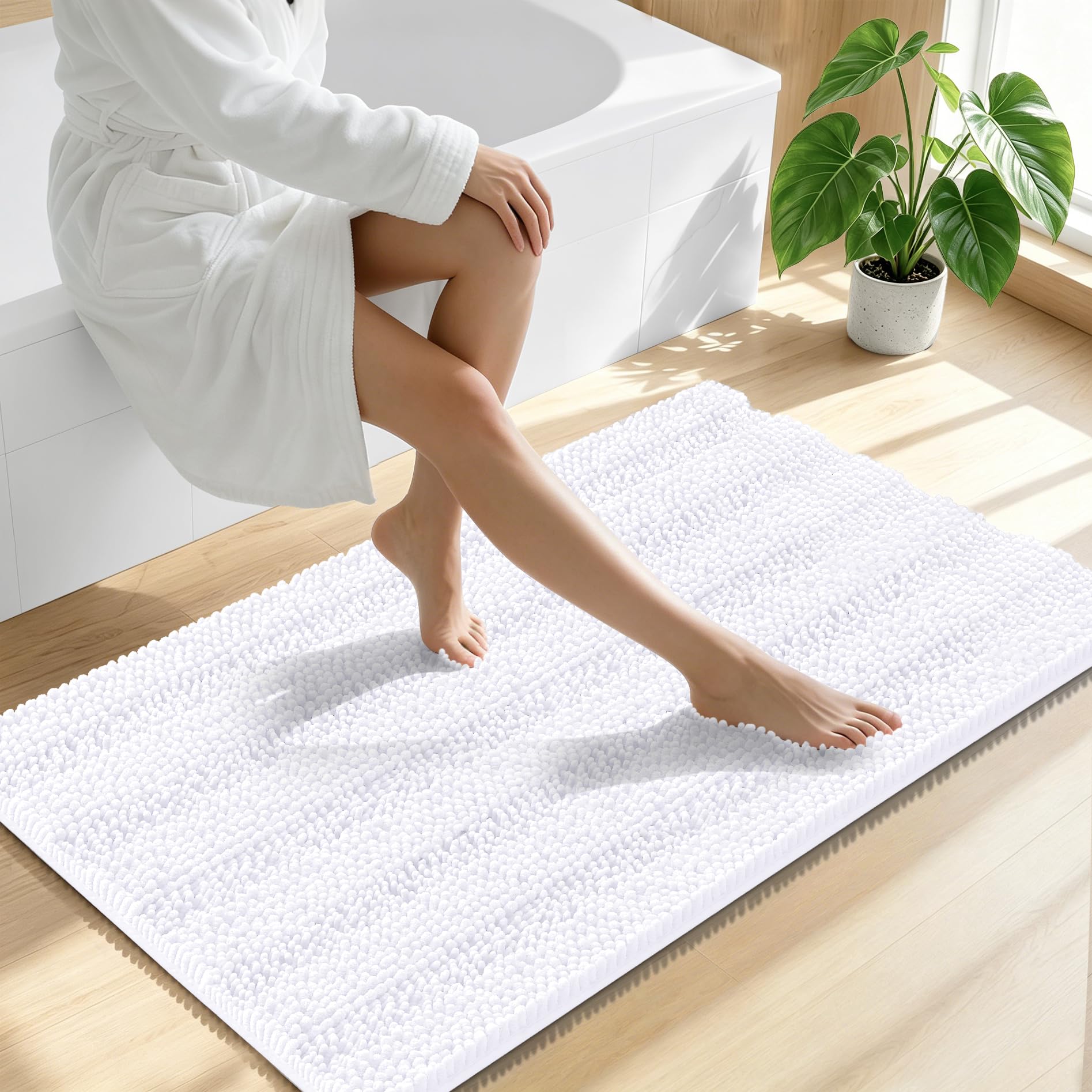 Smiry Thick Chenille Bathroom Runner Rugs 44x24, Absorbent Bath Mat, White