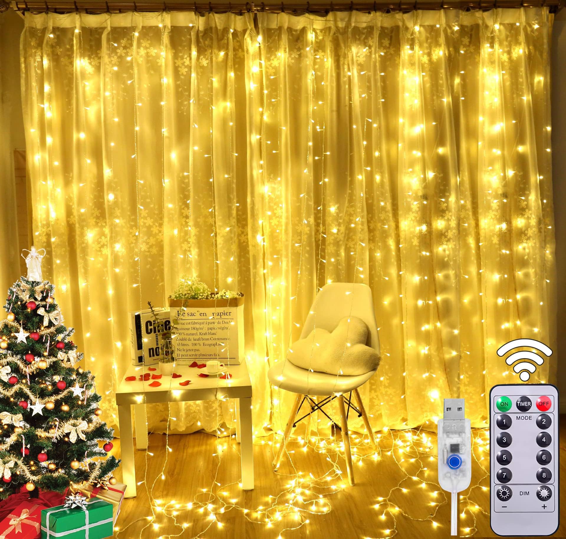 YASENN Cortina De Luces De 3 X 3 M, 300 LED, 8 Modos, Cadena De Luces Para Cortina, Ventana, Boda, Navidad, Jardín, Dormitorio (blanco Frío