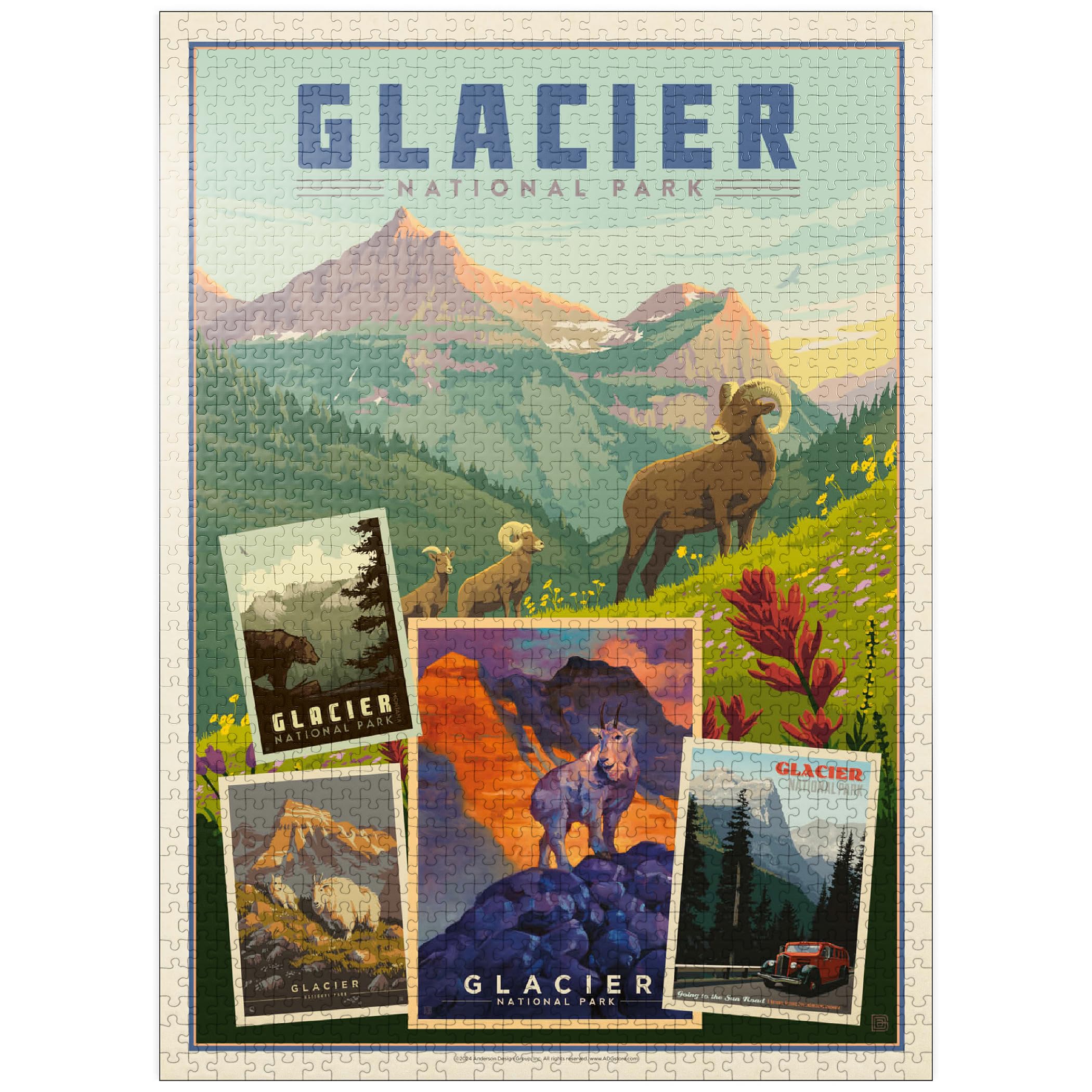 MyPuzzle Glacier National Park: Collage Print, Vintage Poster - Premium 1000 Piece Jigsaw Puzzle for Adults