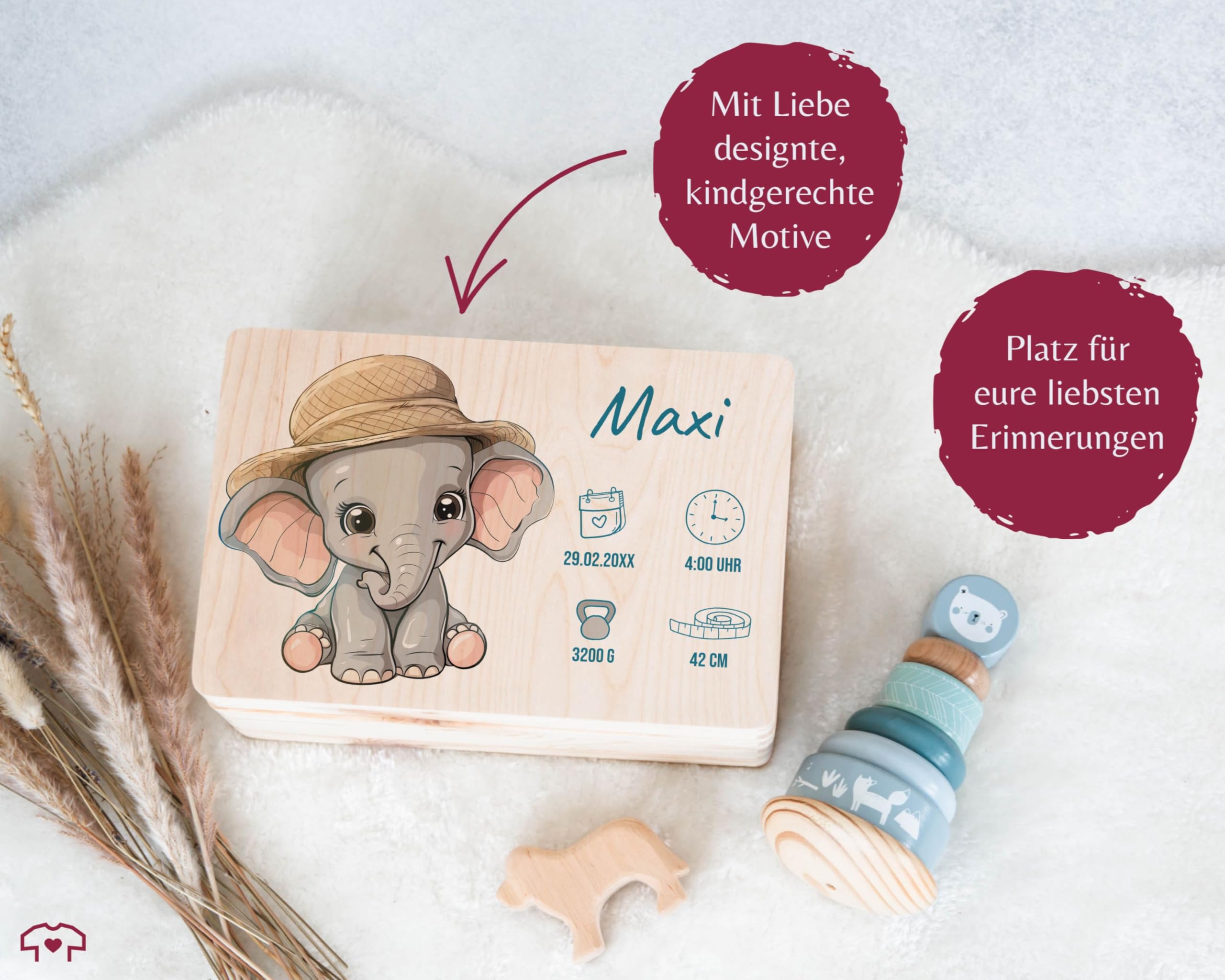 Holz Geschenkbox Holzkiste - Erinnerungsbox Baby Personalisiert mit Elefant und Name | Personalisierte Geschenke Baby Geburt | Geschenke zur Geburt - 30 x 20 x 14 - Holz - erinnerung neugeborene