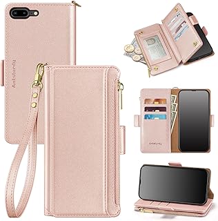 Antsturdy iPhone 7 Plus case Wallet with Card Holder for Women Men,ã€RFID Blockingã€‘ iPhone 8 Plus Phone case PU Leather Flip Folio Shockproof Cover with Strap Zipper Credit Card Slots,Rose Gold