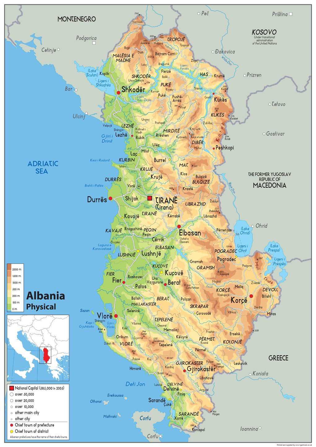 Physical Map of Albania - Size A0-84.1 x 118.9cm - Paper Laminated