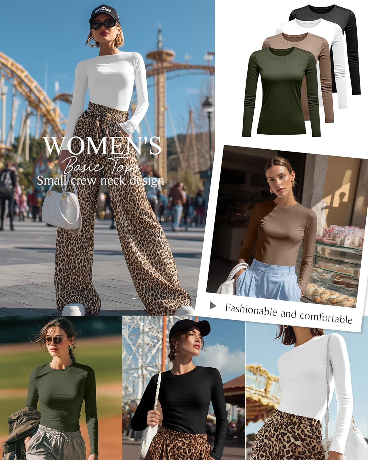 Ficerd 4 Pack Women's Long Sleeve Crop Tops Fitted Crew Neck Tight Shirts Casual Cotton Basic Y2k Going Out Stretchy Tees - Image 4