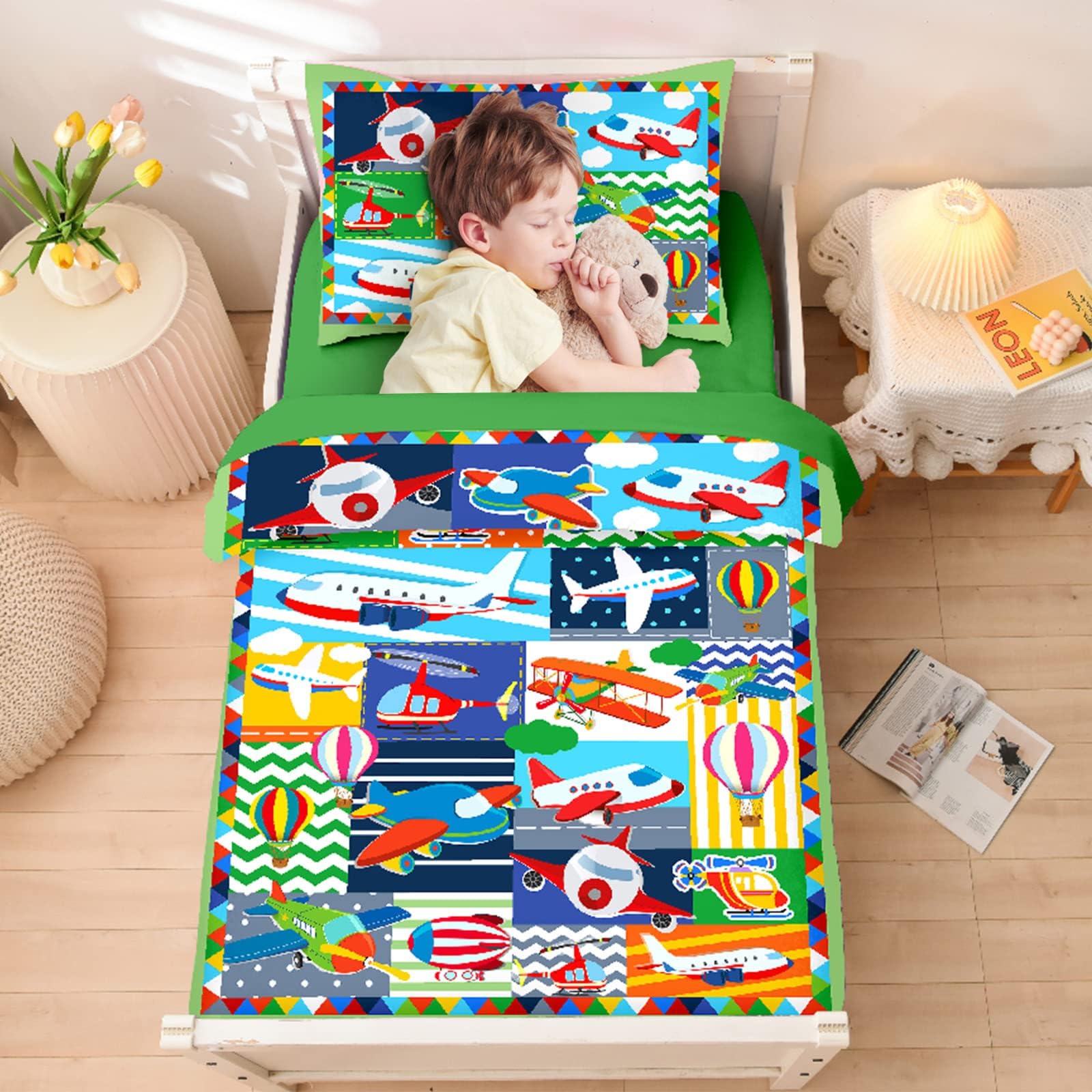 Meeting Story 4-Piece Toddler Comforter Bedding Set, Airplane Comforter Set for Kids Boys, Fighter Flight Helicopter Print Cartoon Aviation Theme Games Toddler Set Bedroom Decoration,Green