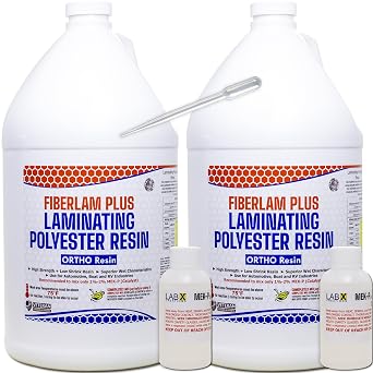 FIBERLAM Plus 1-10G Polyester Resin 1-10 Gallon +MEKP Hardener; Low Viscosity Coating for Laminating Fiberglass mat/Biaxle/Cloth; Boat/RV/Automotive/Canoe/Surfboard| Extended TACK Time 2 Gallon