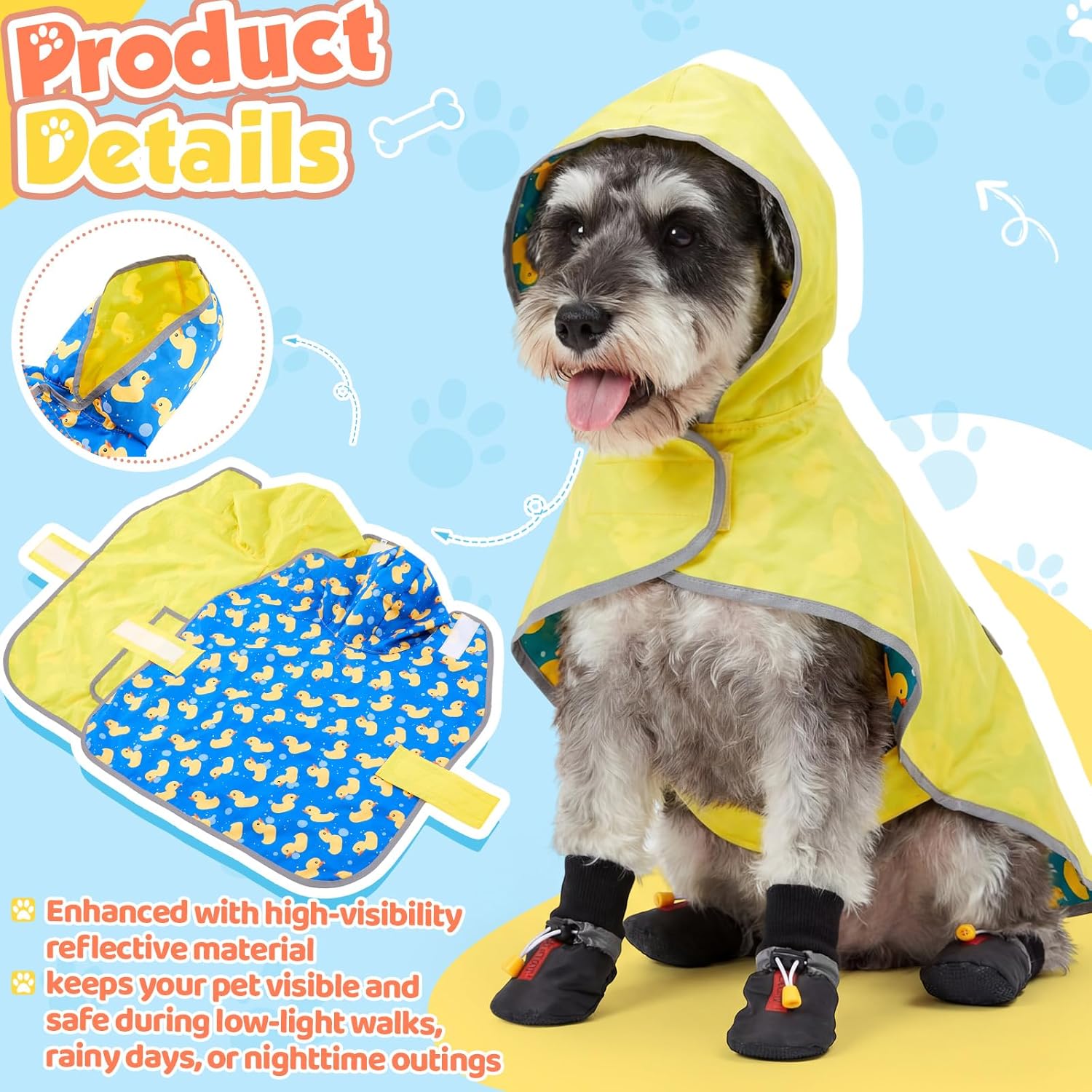 Dog Raincoat and Shoes for Weighing 10-22lbs, Spring Summer Waterproof Dogs Boots & Paw Protectors, Adjustable Pet Poncho with Leash Hole for Large Medium Small Dogs, Yellow(Double Side)