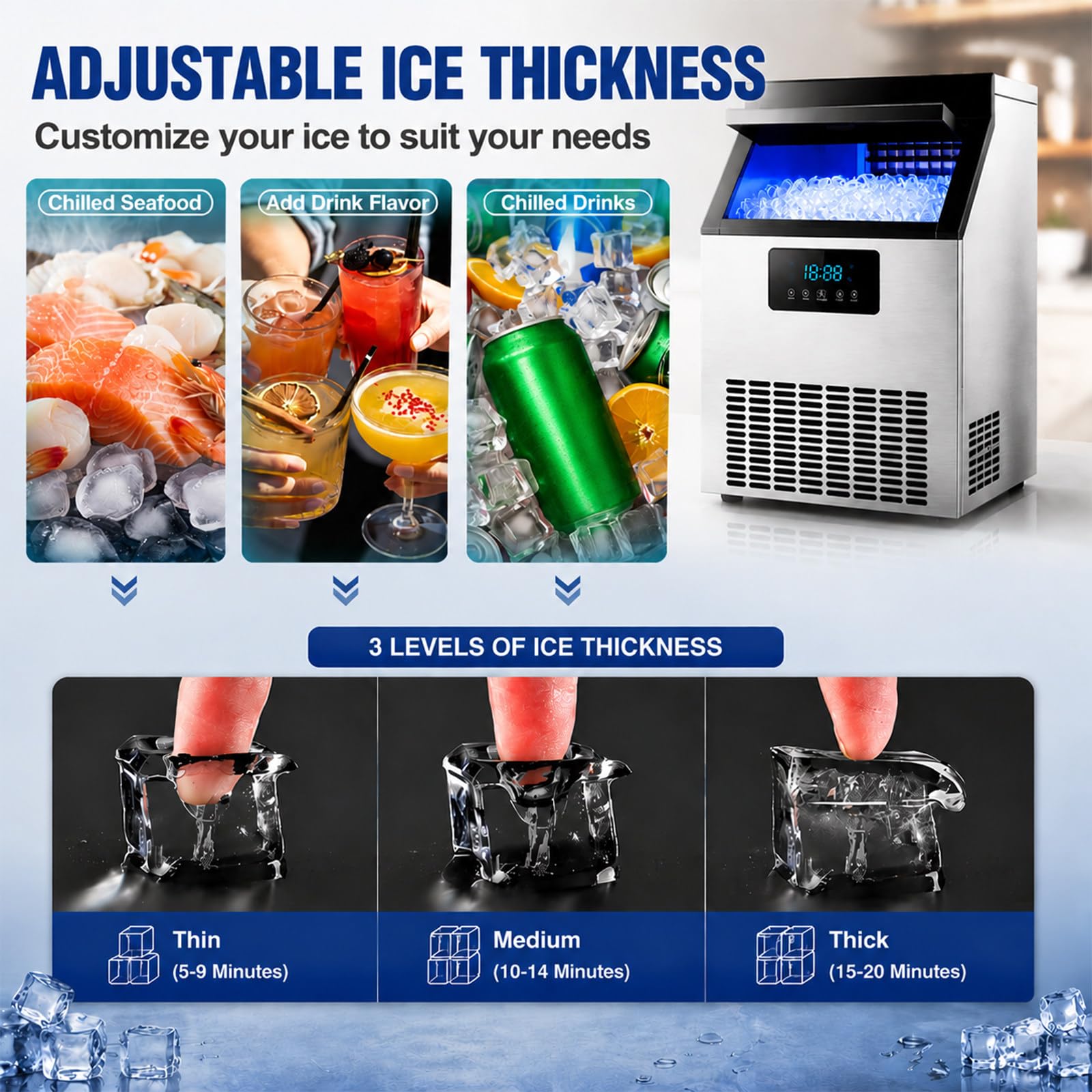 Profesjonalna Kostkarka 45-60KG/24H, 15KG Zapas Lodu, 45-60 Kostek w 8 Minut, Samoczyszcząca, Panel Sterowania LED, Idealna do Gastronomii 55IceCubes