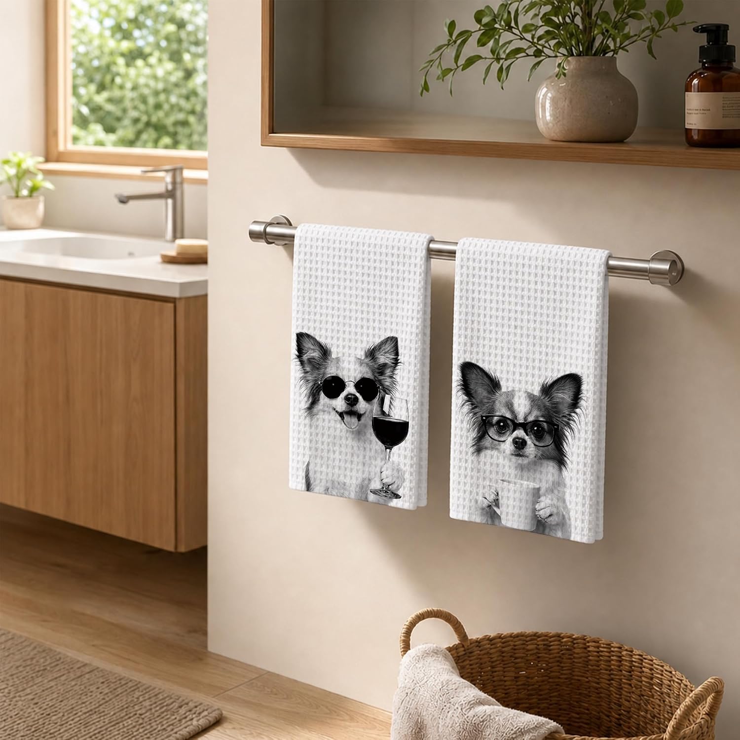 Chihuahua Kitchen Towels Set of 2, Coffee and Wine Dog Towels | Set of 2 Chihuahua towels with sunglasses, wine glass, coffee mug, soft polyester and absorbent.