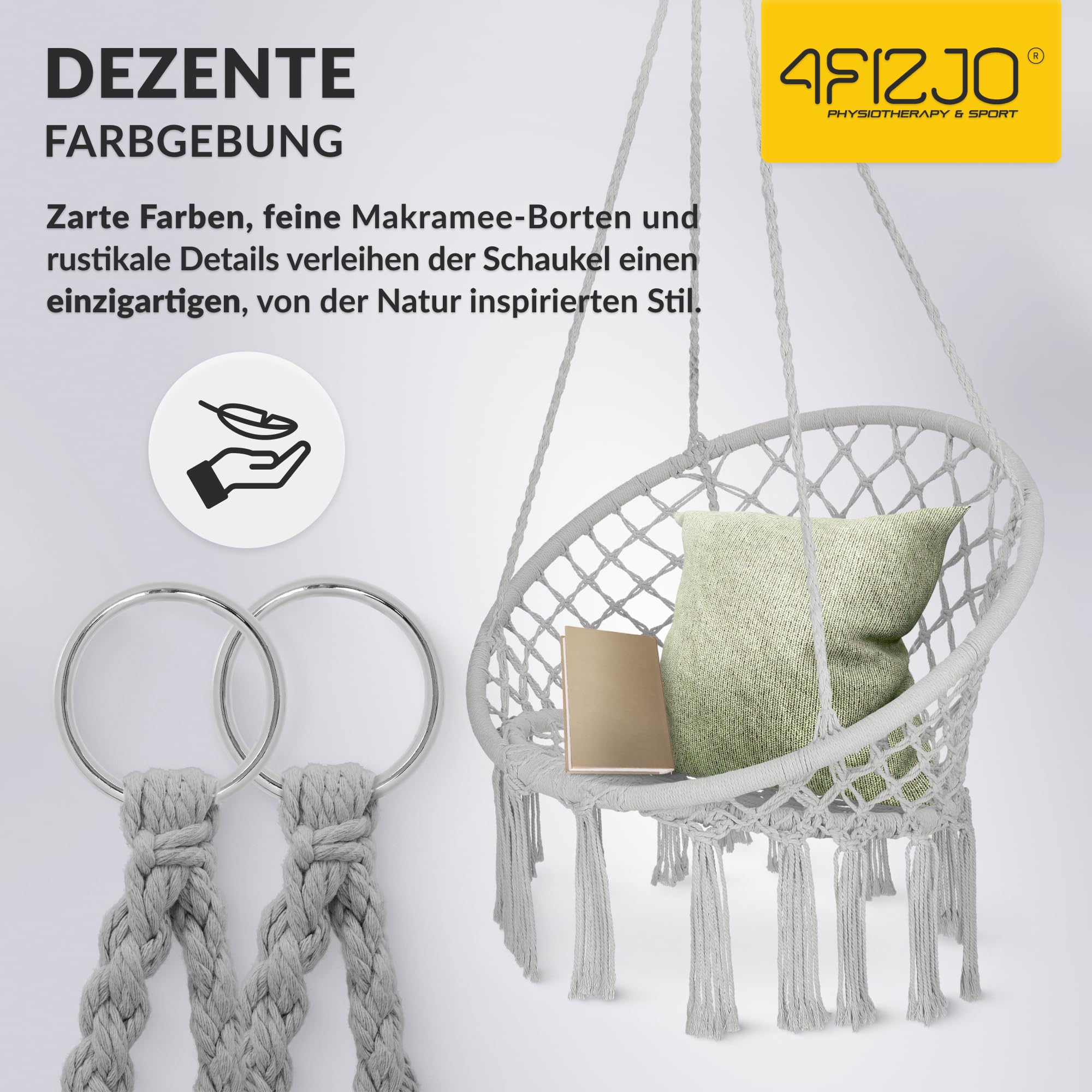 4FIZJO Hängesessel Boho, Makramee hängesessel, Garten schaukel, Hängekorb, Schaukelkorb, Therapieschaukel Kinder, Hängesessel Indoor & Outdoor, Hängesitz Patio-Rasen, Maximale Belastung 125 kg, Grau