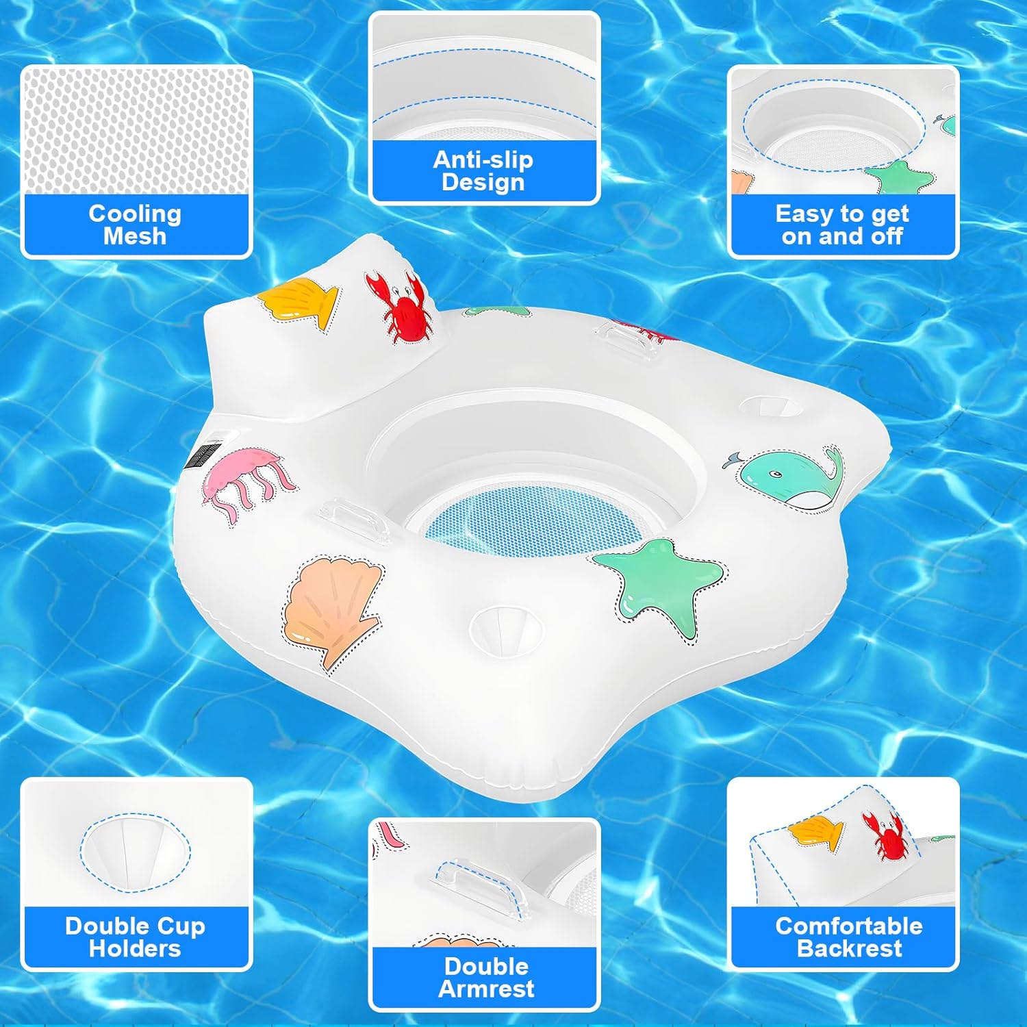 Inflatable Pool Floats Chair with Colorful Light,Solar Powered Pool Chair with Color Changing,with 2 Cup Holders & 2 Armrests,Suitable for Kids,Adult