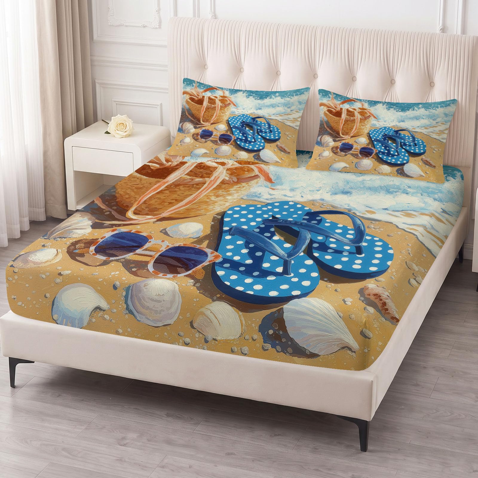 3-częściowy zestaw pościeli 135 x 200 cm, japonki, okulary przeciwsłoneczne, muszelki, prześcieradło z gumką + 2 poszewki na poduszki, letni zestaw pościeli plażowej dla dzieci, chłopców, dziewcząt
